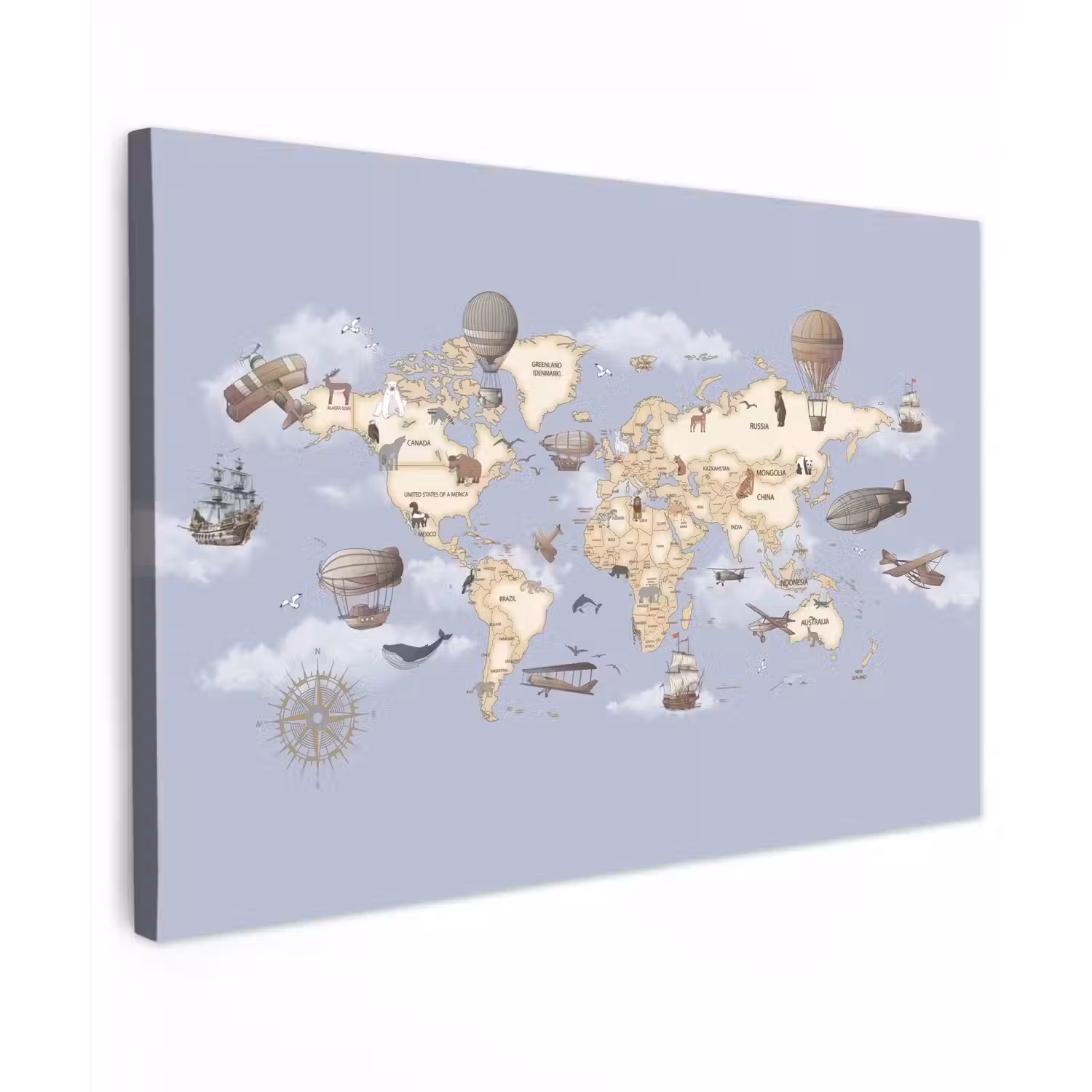 Wereldkaart - Dieren - Luchtvaart canvas 2cm klein -z3d