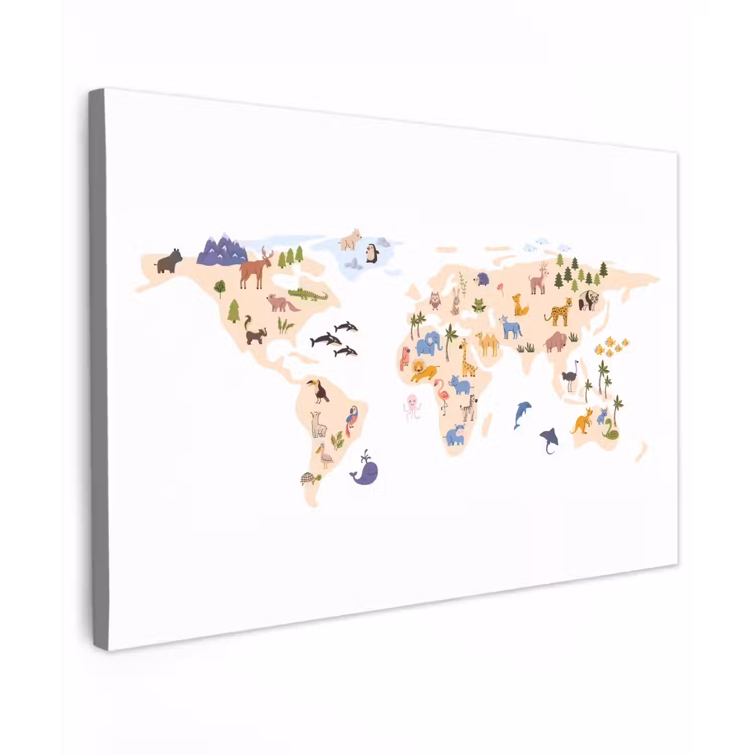 Wereldkaart - Dieren - Wit canvas 2cm klein -z3d