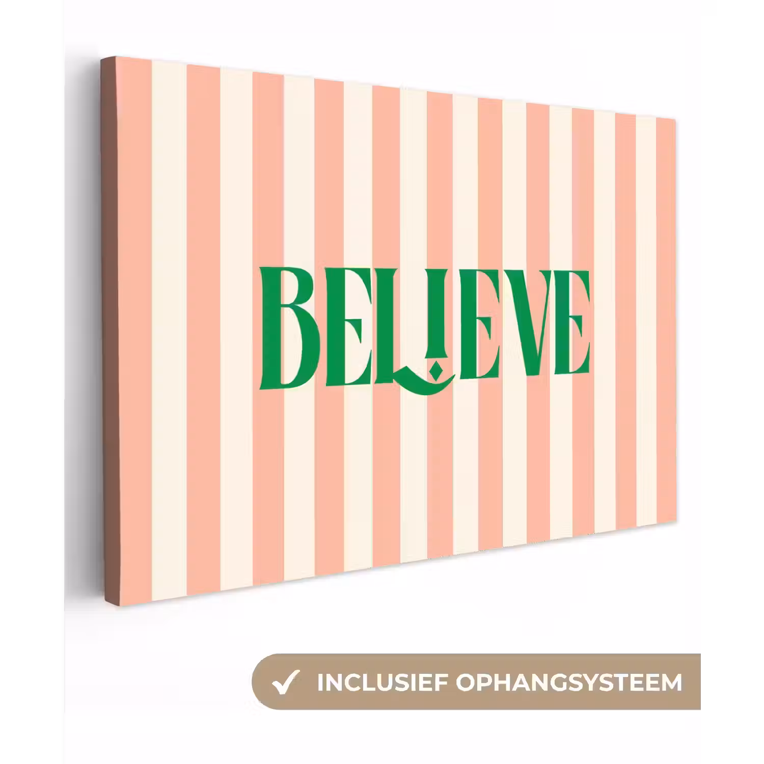 Zachtroze - Groen- Strepen - Believe canvas 2cm klein -3d
