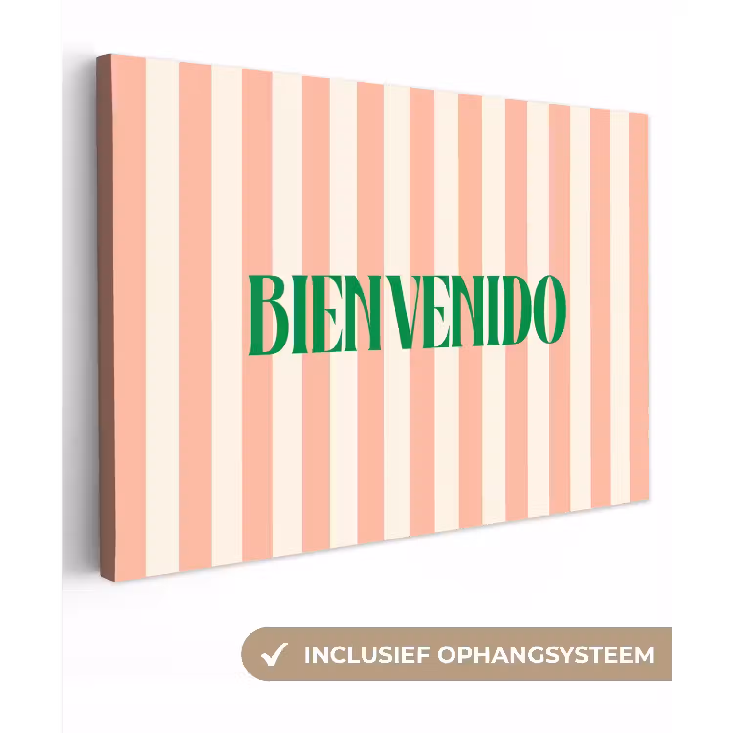 Zachtroze - Groen- Strepen - Bienvenido canvas 2cm klein -3d