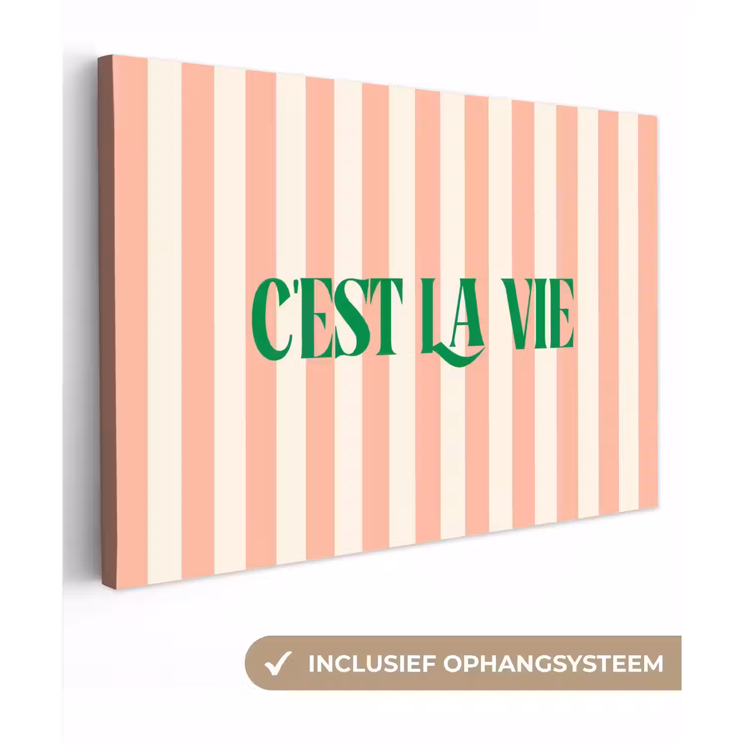 Zachtroze - Groen - Strepen - C'est La Vie canvas 2cm klein -3d