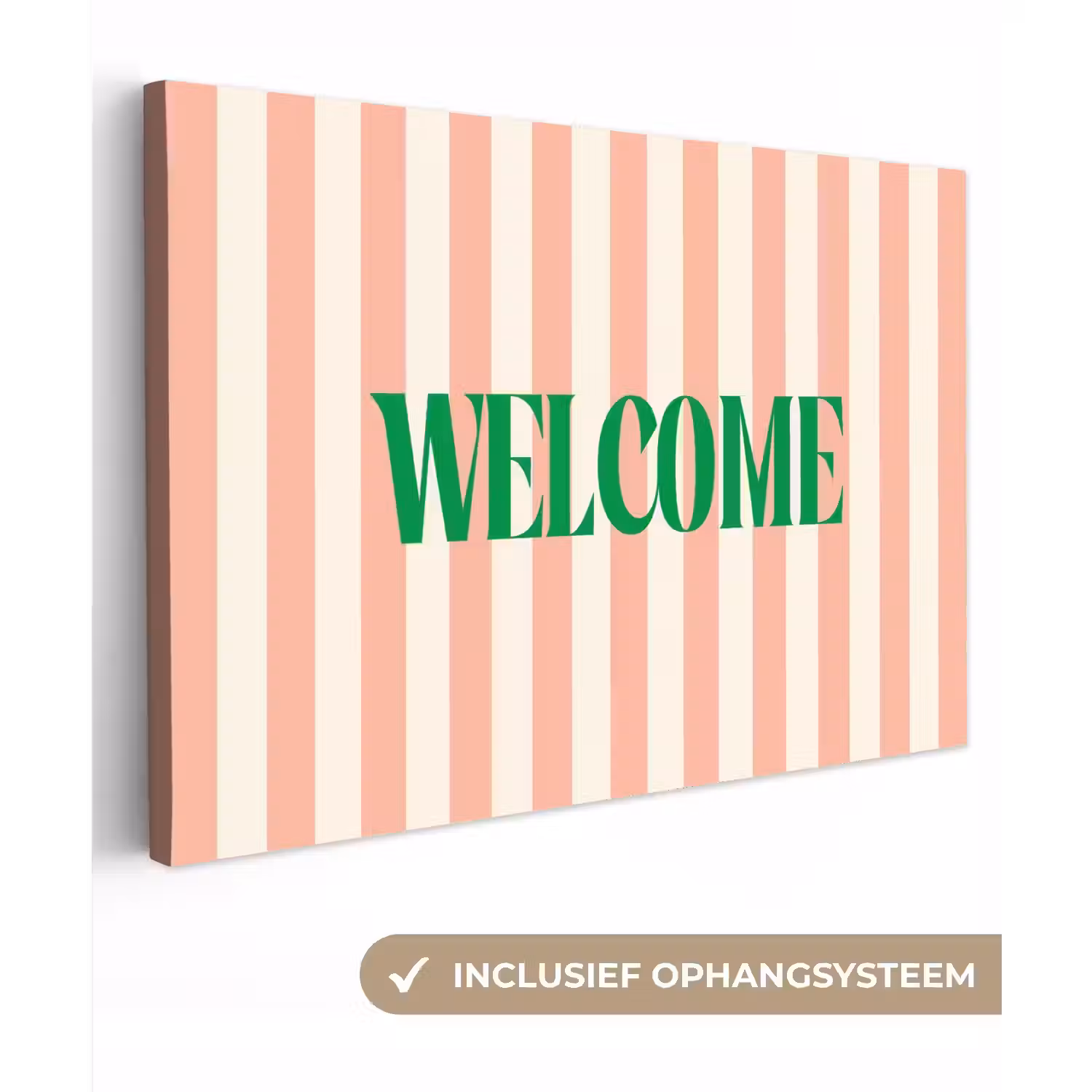Zachtroze - Groen - Strepen - Welcome canvas 2cm klein -3d
