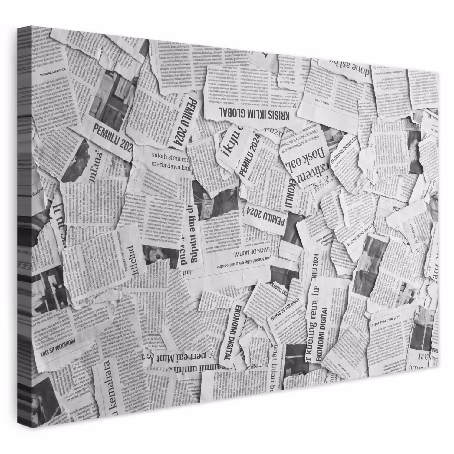 Krant - Versnipperd - Textuur - Zwart-wit - Abstract canvas 2cm klein -3d