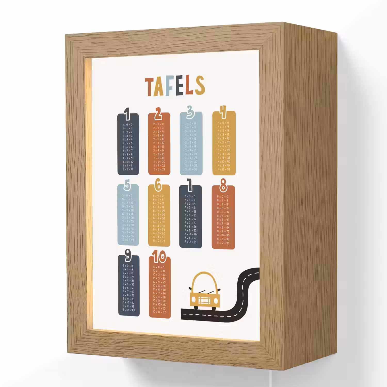 Tafels van vermenigvuldiging - Leren rekenen voor kinderen - Getallen oefenen - Cijfers - Auto Light Box met kabel (Wandlamp kind) klein -3d
