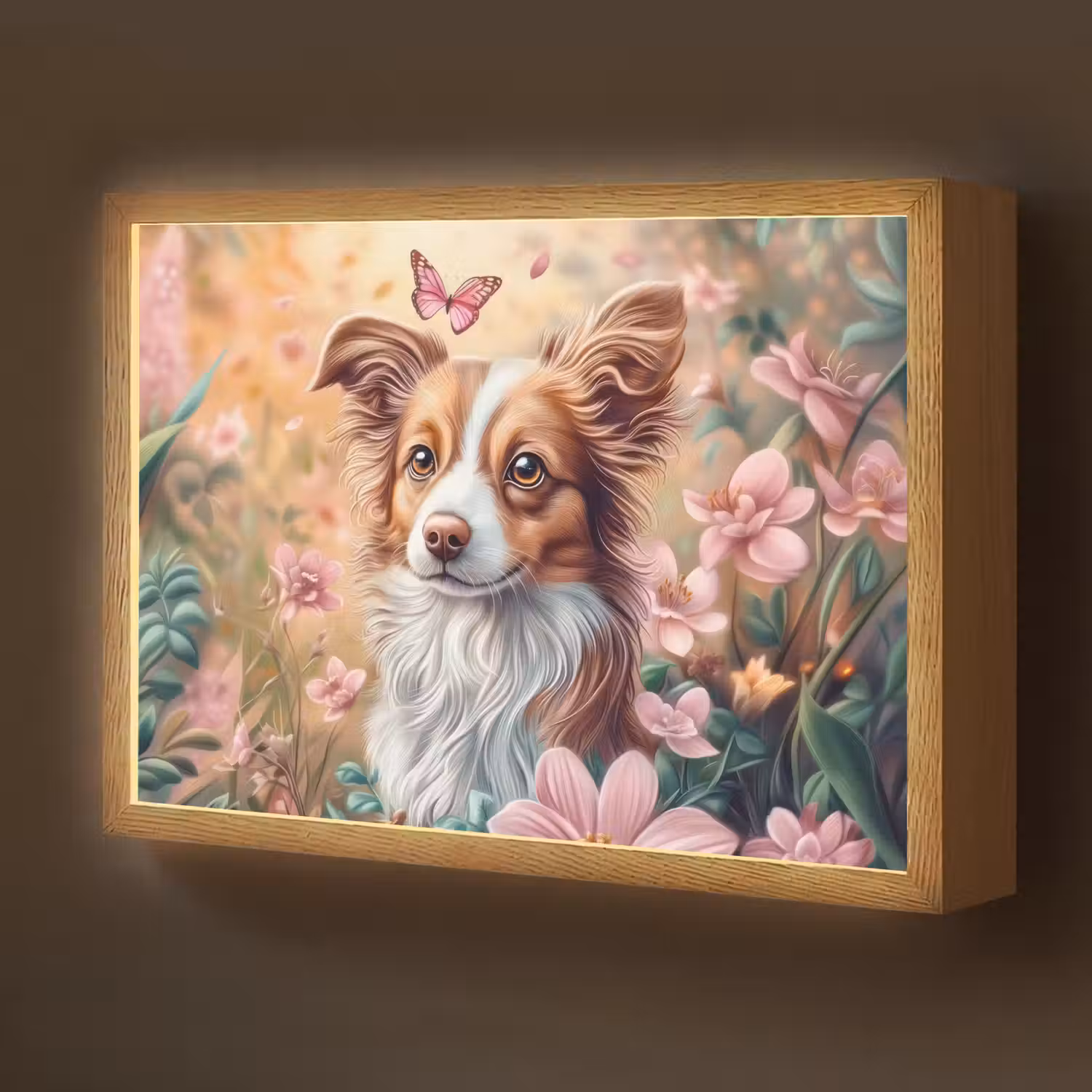 Hond - Bloemen - Roze Light Box met batterij (Wandlamp kind) middel -z3d_website