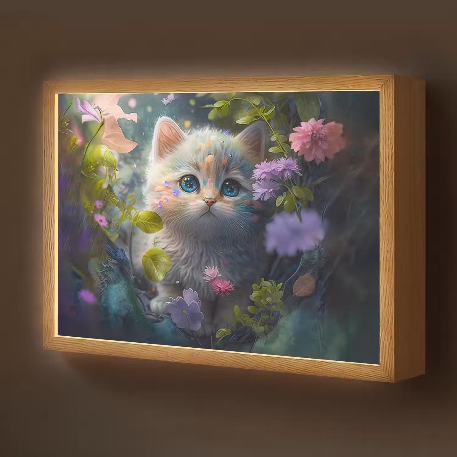 Kitten - Bloemen - Bos - Illustratie - Poes Light Box met batterij (Wandlamp kind) middel -z3d_website