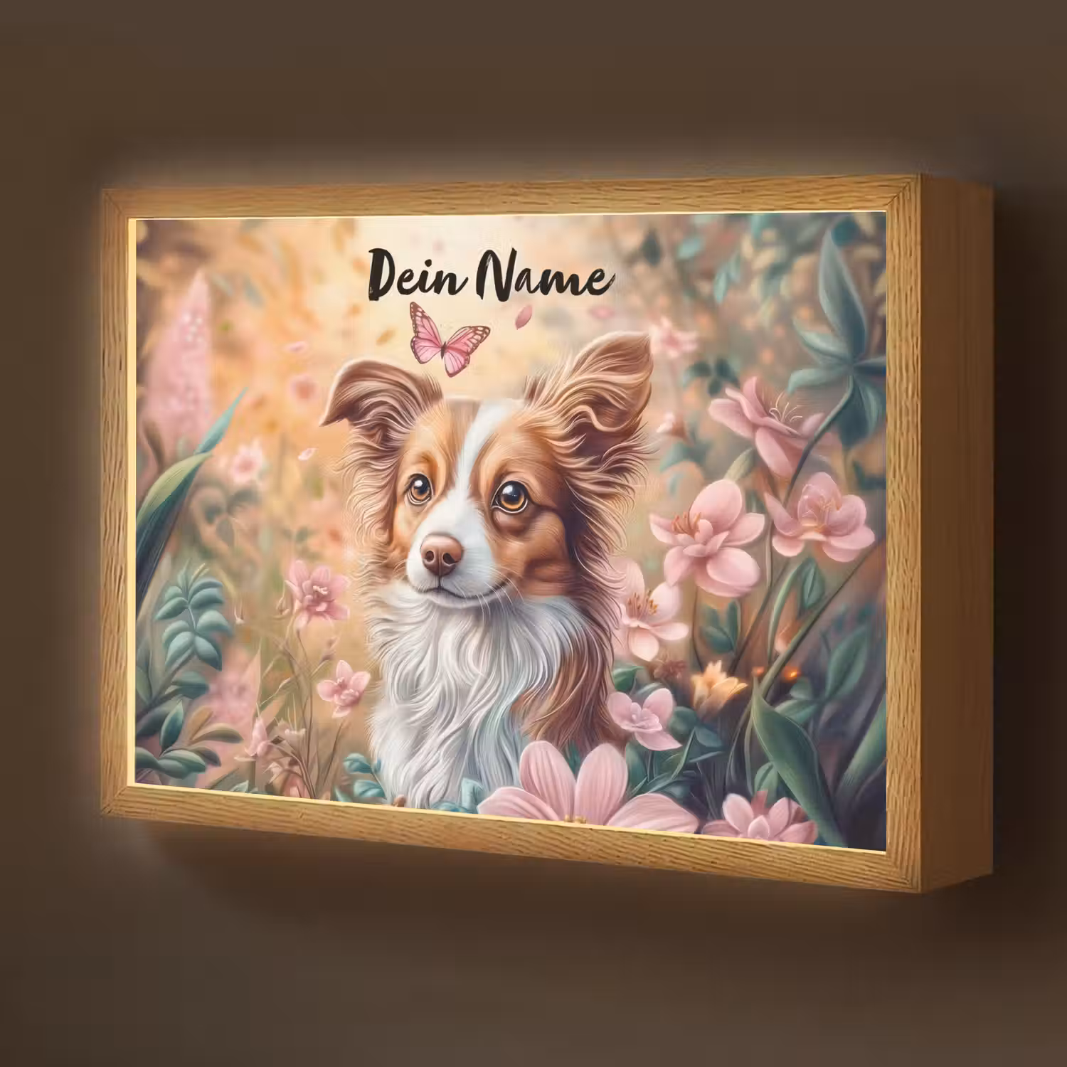 Hond - Bloemen - Roze Light Box met batterij (Wandlamp kind) middel -z3d_website