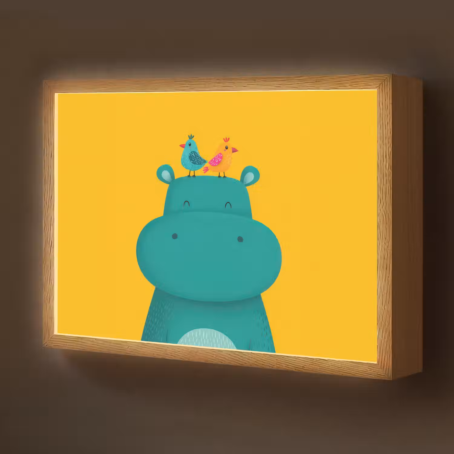 Nijlpaard - Vogels - Groen - Geel Light Box met batterij (Wandlamp kind) middel -z3d_website