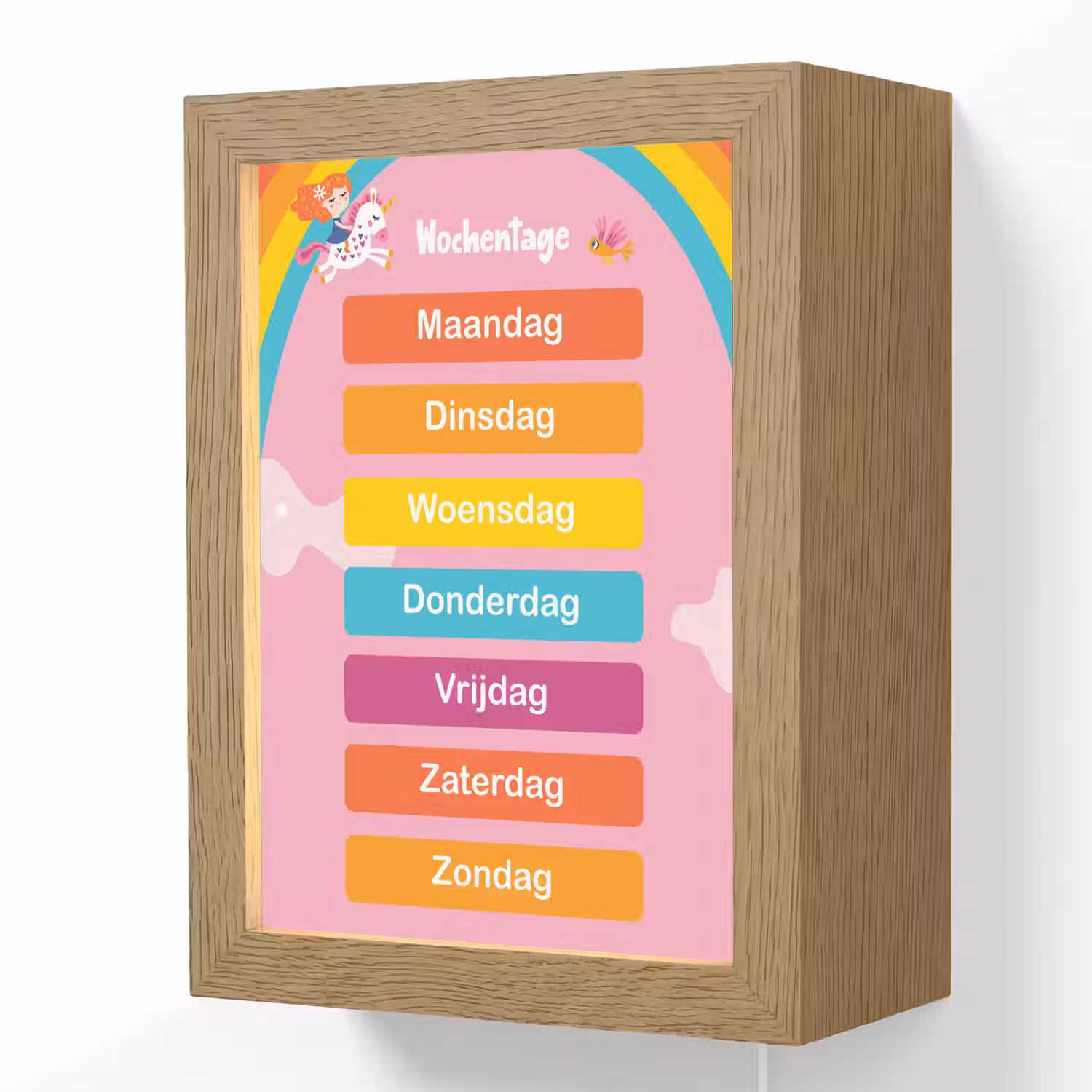 Educatief - Dagen van de week - Eenhoorn - Leren - Meisjes Light Box met kabel (Wandlamp kind) klein -3d