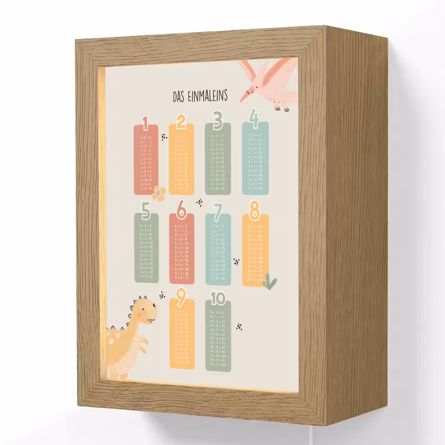 Educatief - Leren rekenen - Dino - Vermenigvuldigingstabel Light Box met kabel (Wandlamp kind) klein -3d