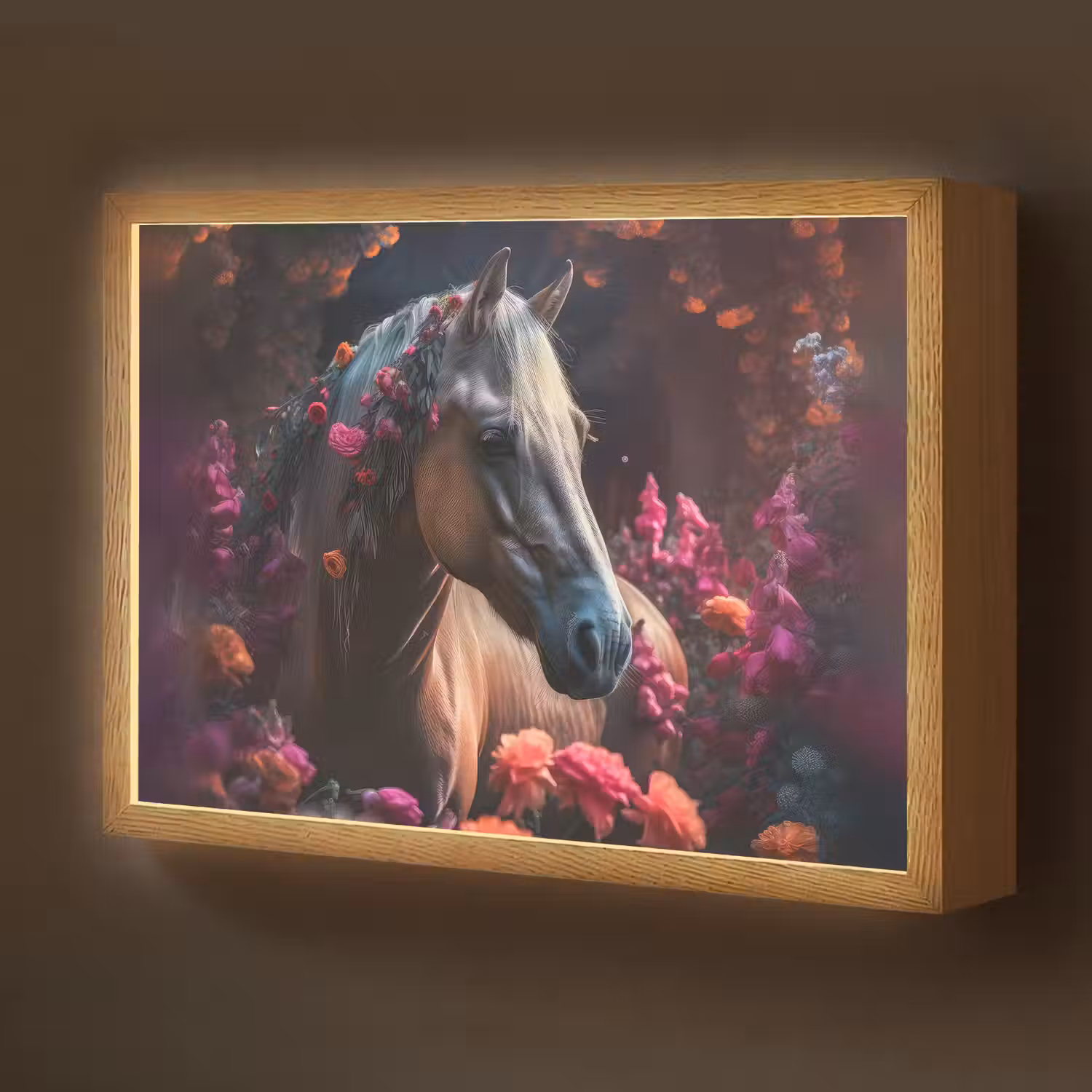 Paard - Bloemen - Paars - Oranje - Dieren Light Box met batterij (Wandlamp kind) middel -z3d_website