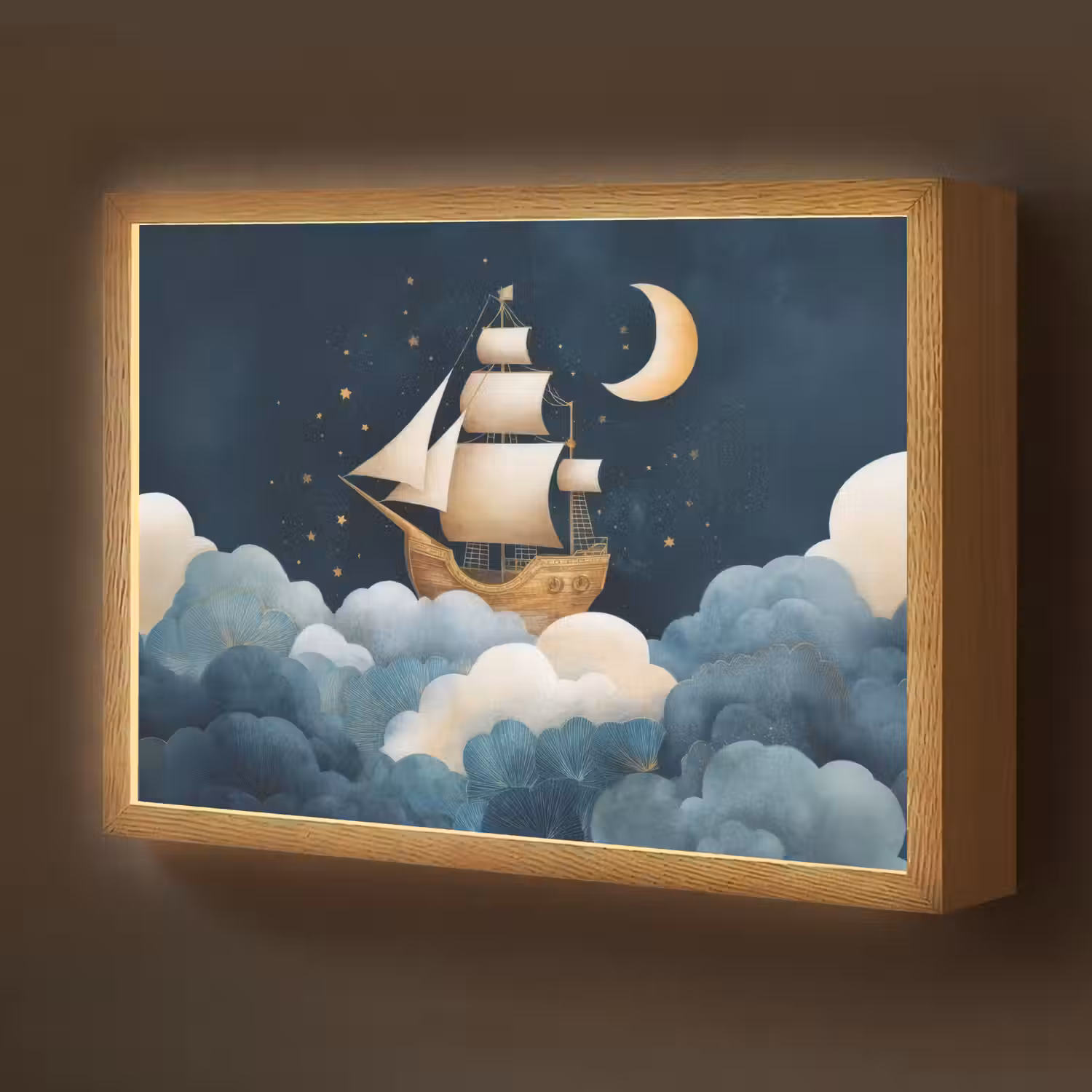 Zeilschip - Sterrenhemel - Wolken - Blauw Light Box met batterij (Wandlamp kind) middel -z3d_website