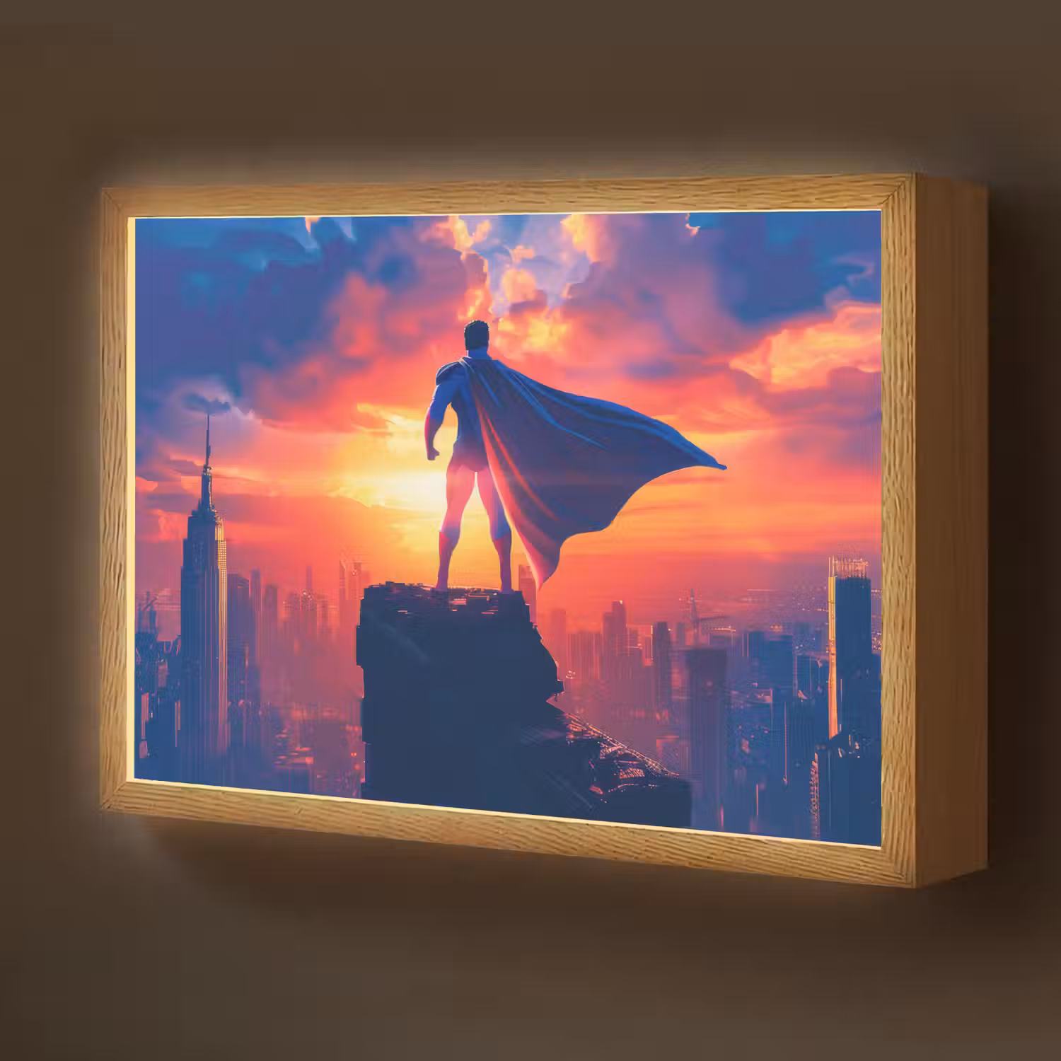 Superheld - Stad - Jongens - Kleurrijk - Zon Light Box met batterij (Wandlamp kind) middel -z3d_website