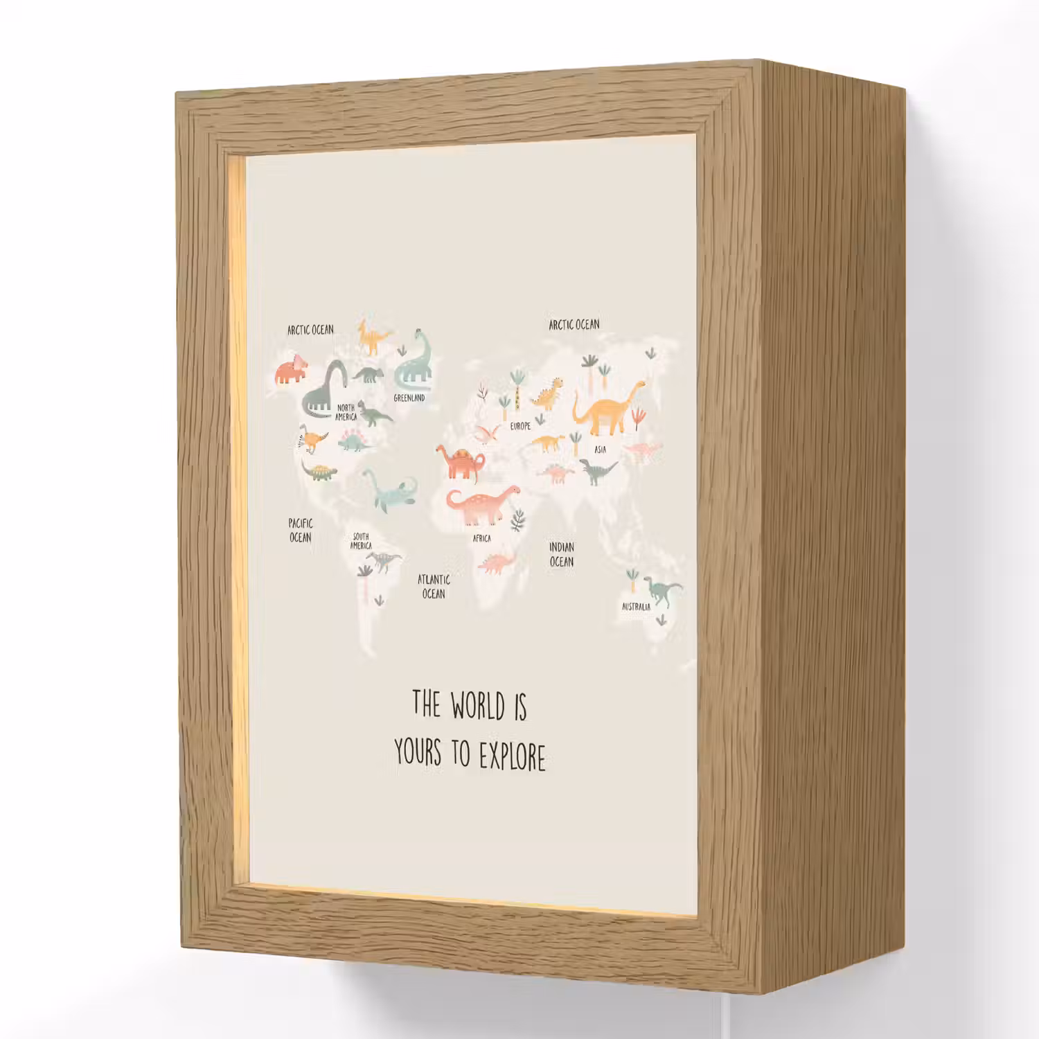 Wereldkaart - Kinderen - Jongens - Dino - Quote Light Box met kabel (Wandlamp kind) klein -3d