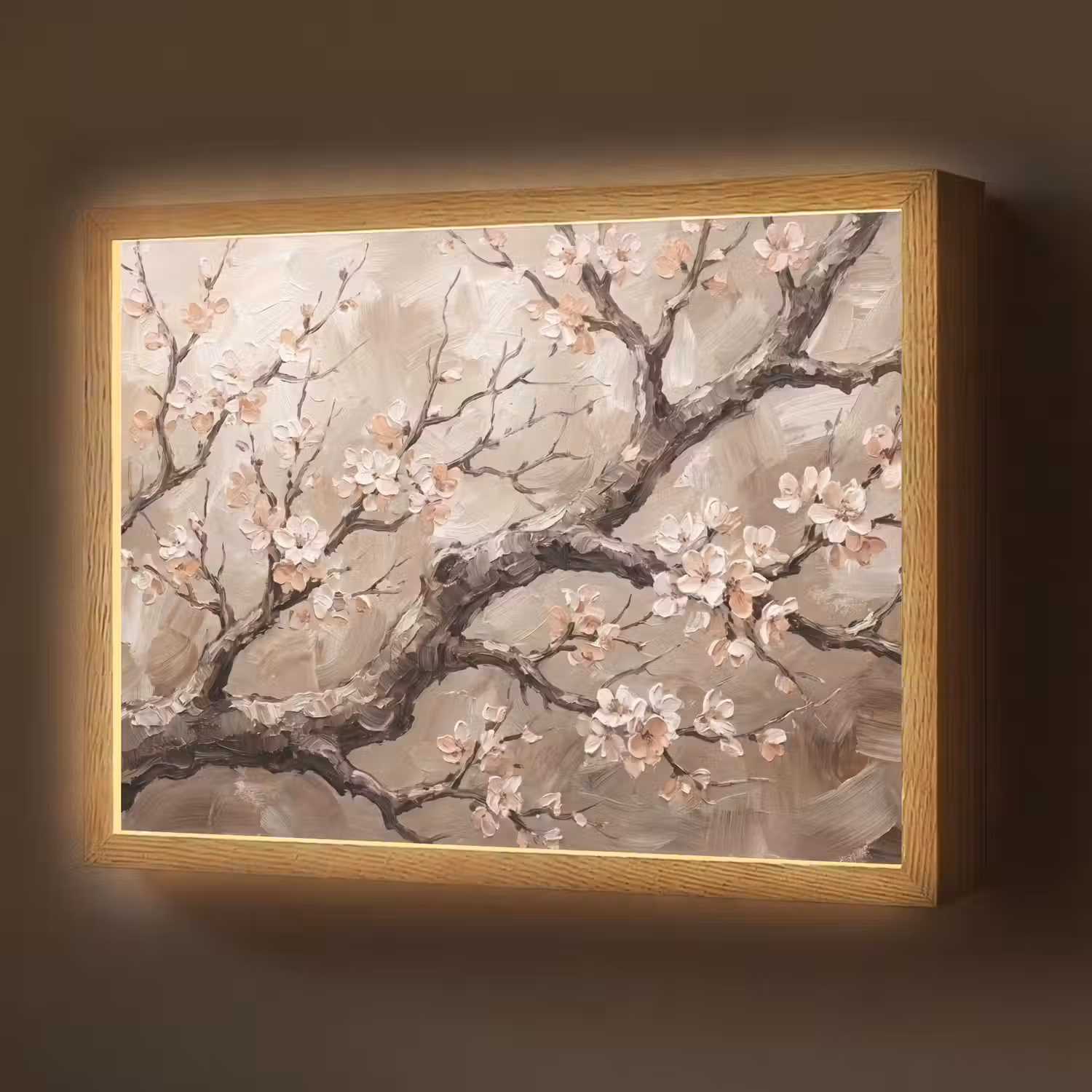 Bloesem - Takken - Schilderij - Beige - Serene Light Box met batterij (Wandlamp) middel -z3d_website