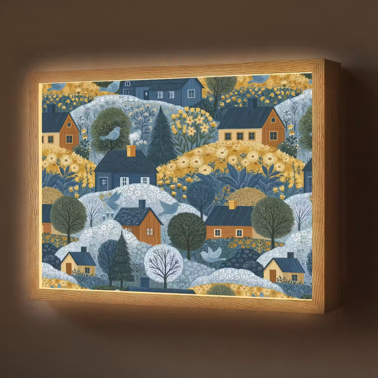 Huisjes - Bloemen - Patroon - Geel - Blauw Light Box met batterij (Wandlamp) middel 907 -z3d_website