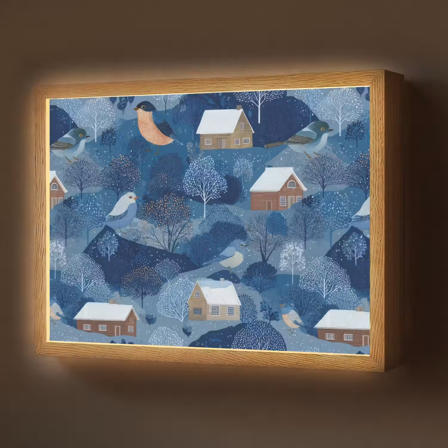 Huisjes - Vogels - Sneeuw - Winter - Blauw Light Box met batterij (Wandlamp) middel 907 -z3d_website