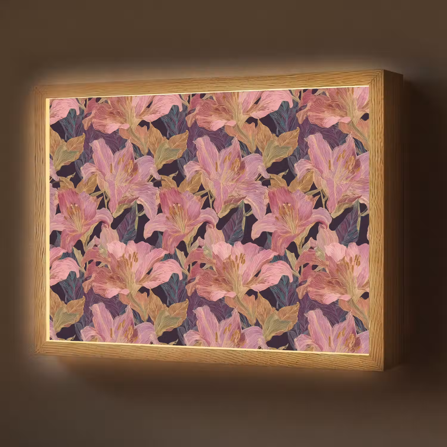 Lelies - Patroon - Roze - Goud Light Box met batterij (Wandlamp) middel 907 -z3d_website