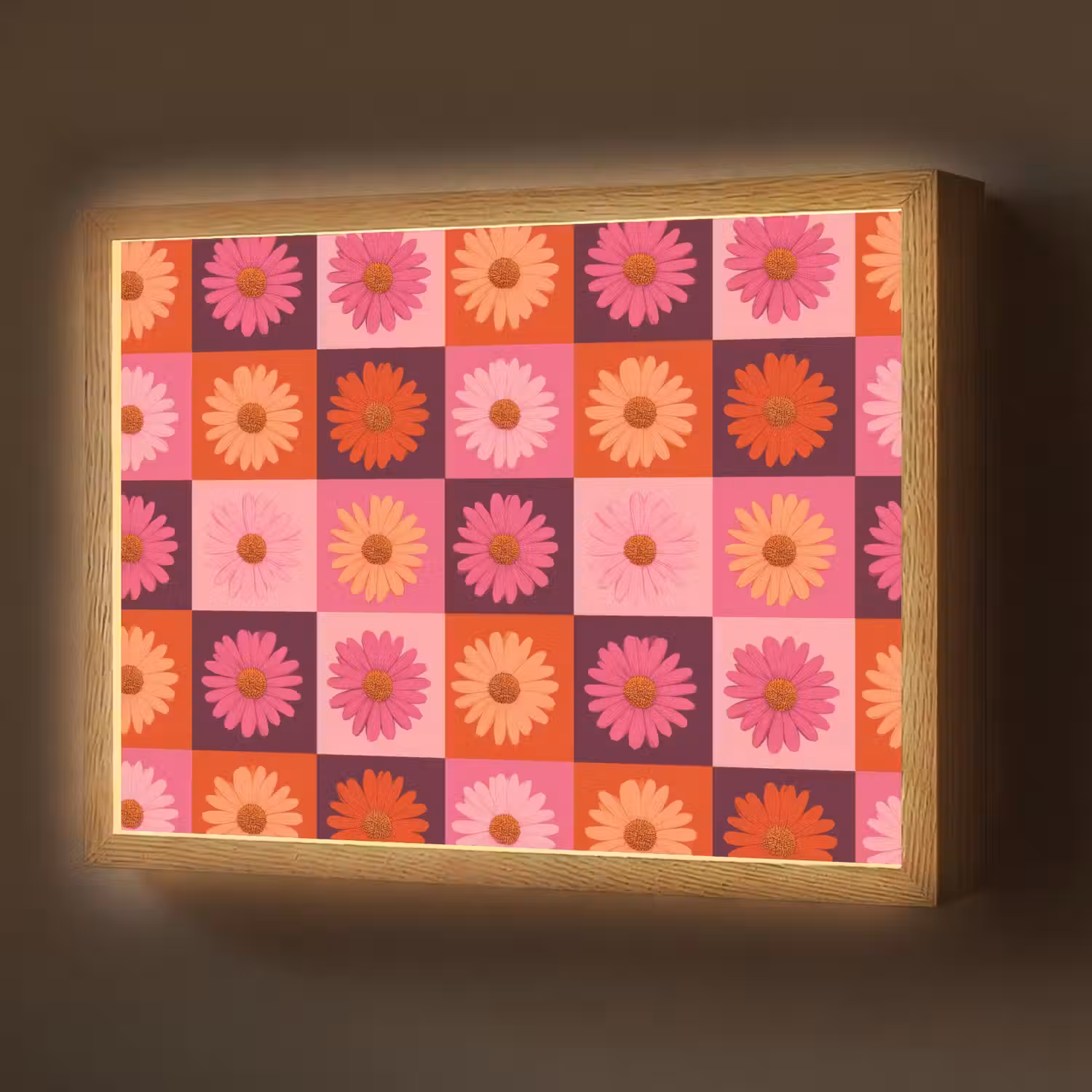Madeliefjes - Dambord - Retro - Roze - Oranje Light Box met batterij (Wandlamp) middel 907 -z3d_website