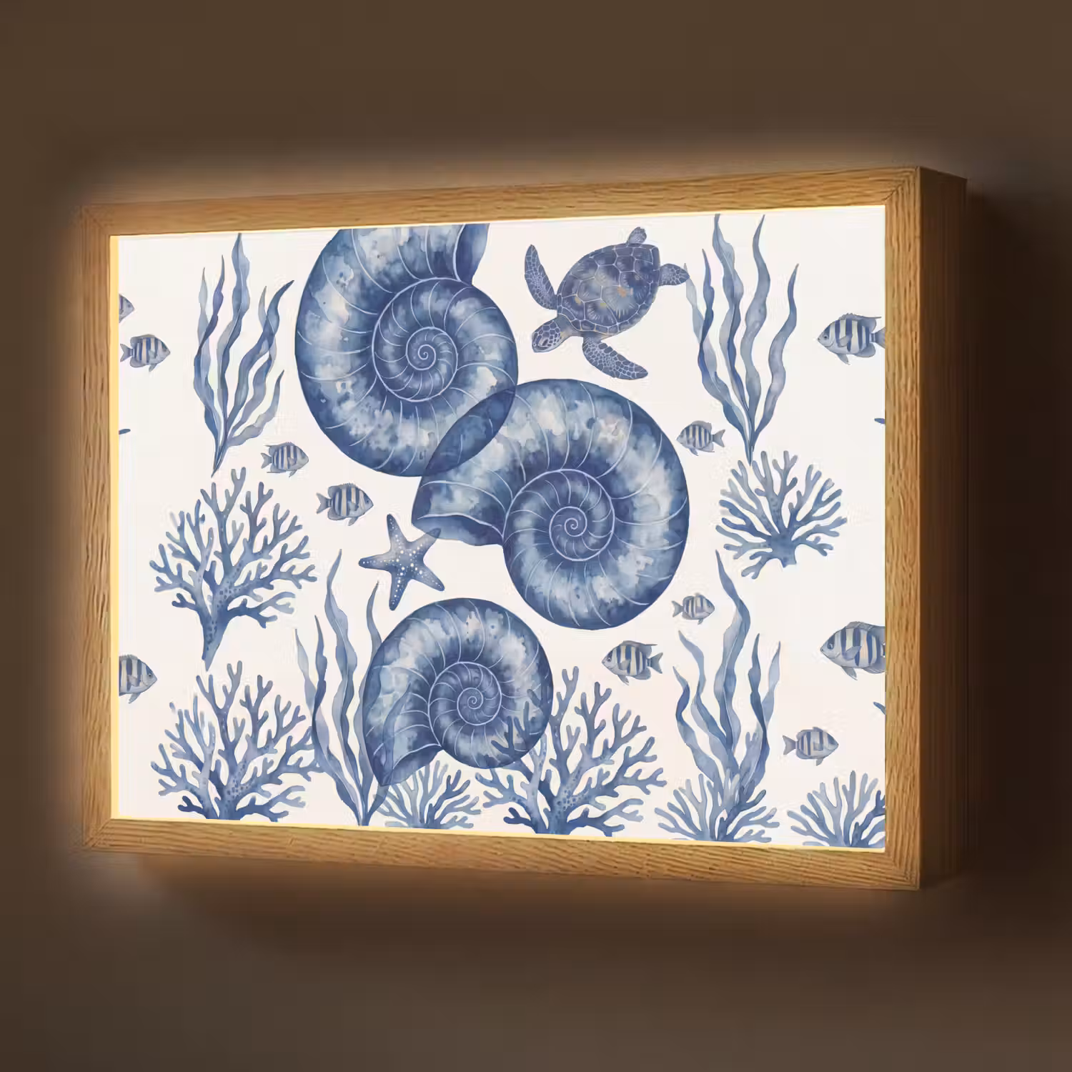 Schelp - Spiraal - Zeeleven - Aquarel - Blauw Light Box met batterij (Wandlamp) middel -z3d_website