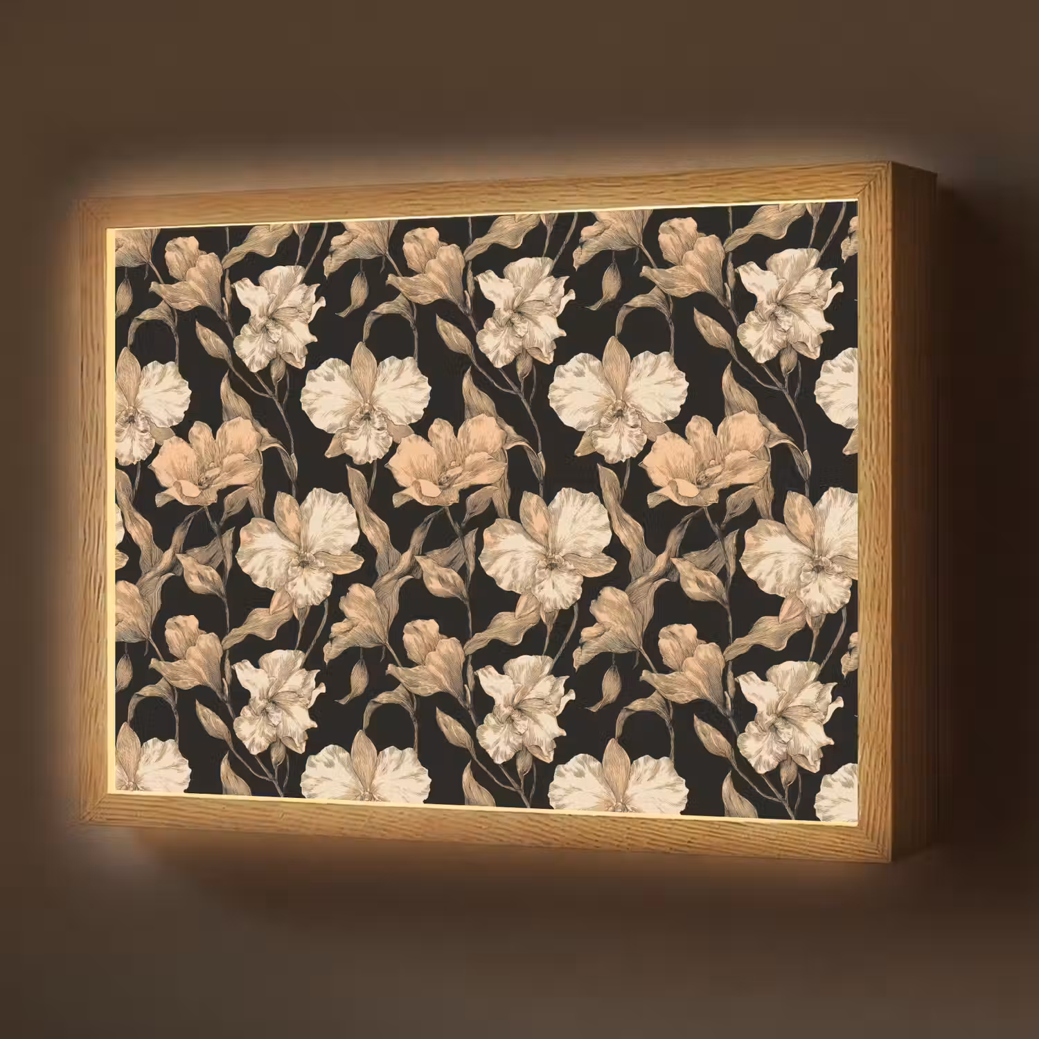 Orchideeën - Lijntekening - Patroon - Beige - Zwart Light Box met batterij (Wandlamp) middel 907 -z3d_website
