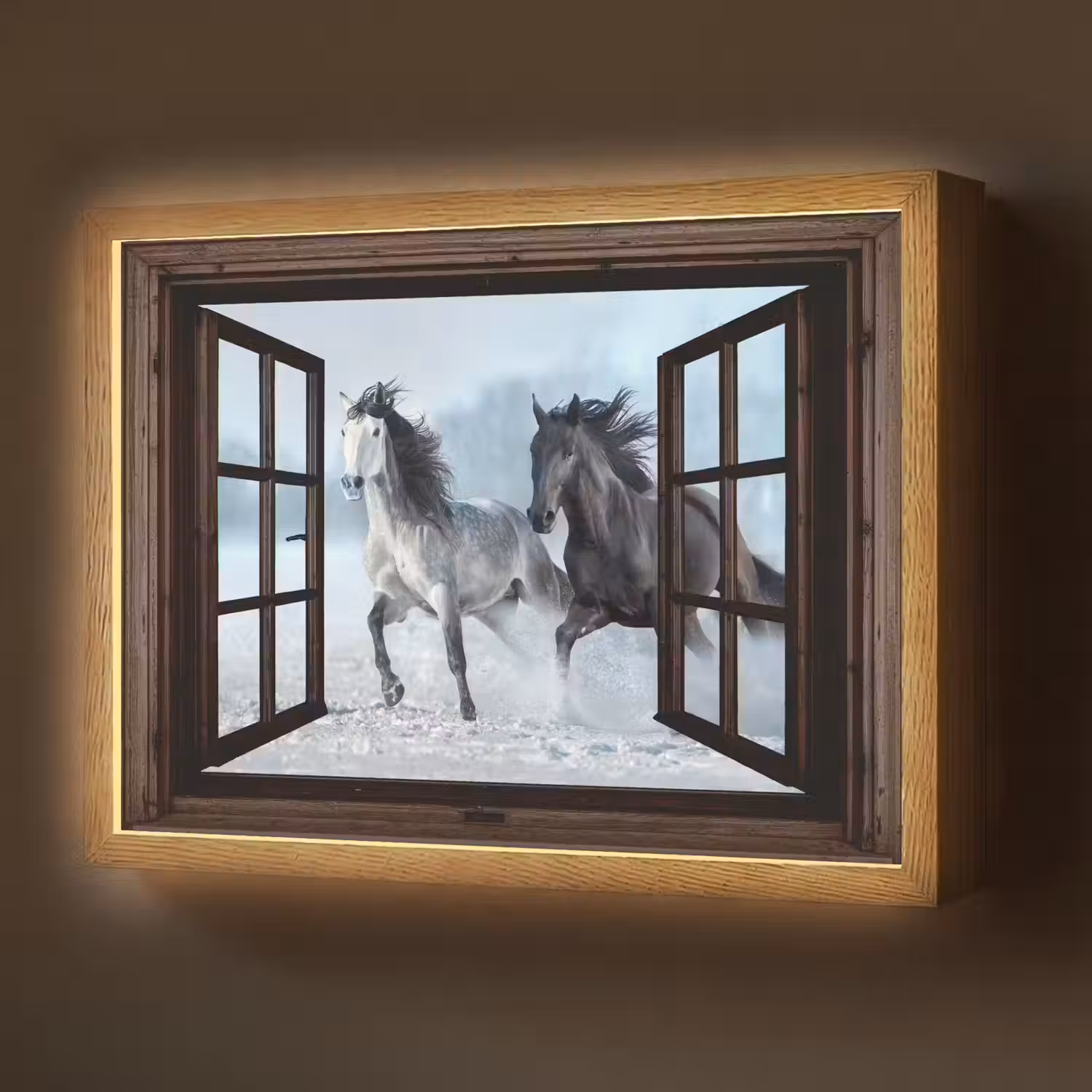 Paarden - Winter - Dieren - Natuur - Doorkijk Light Box met batterij (Wandlamp) middel -z3d_website