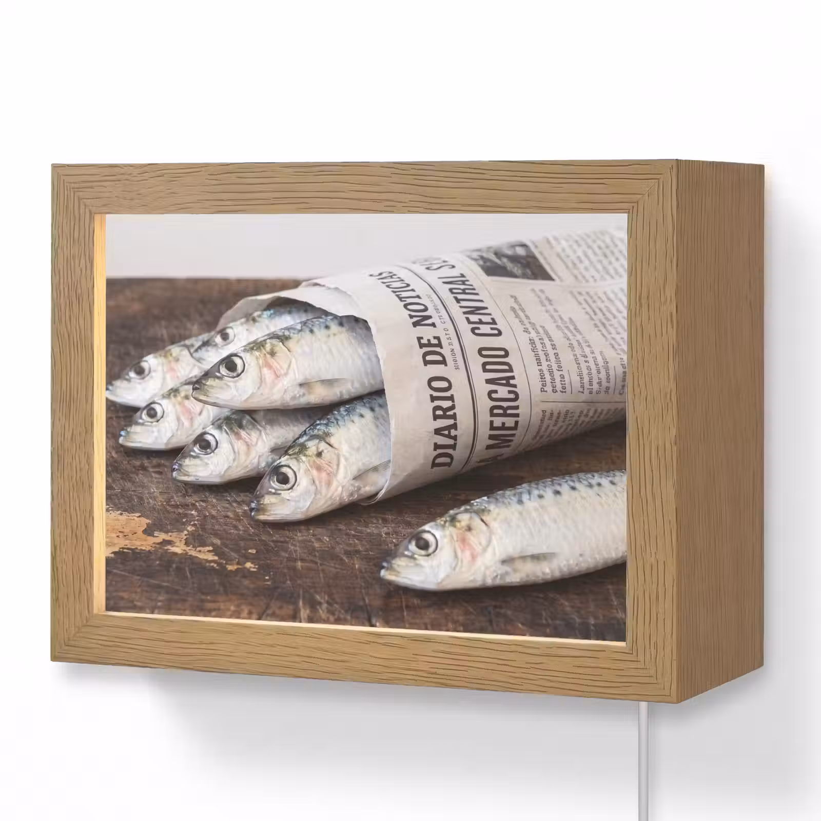 Lightbox - Wandleuchte - Sardine – Zeitung – Schneidebrett - Sardientje - krant - snijplank Light Box met kabel (Wandlamp) klein