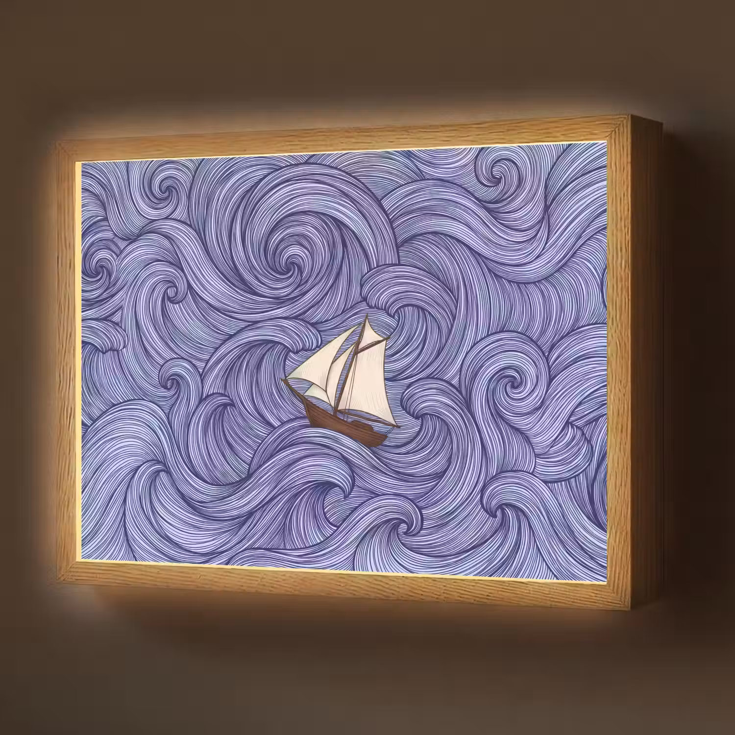 Schip - Golven - Zee - Illustratie - Blauw Light Box met batterij (Wandlamp) middel -z3d_website
