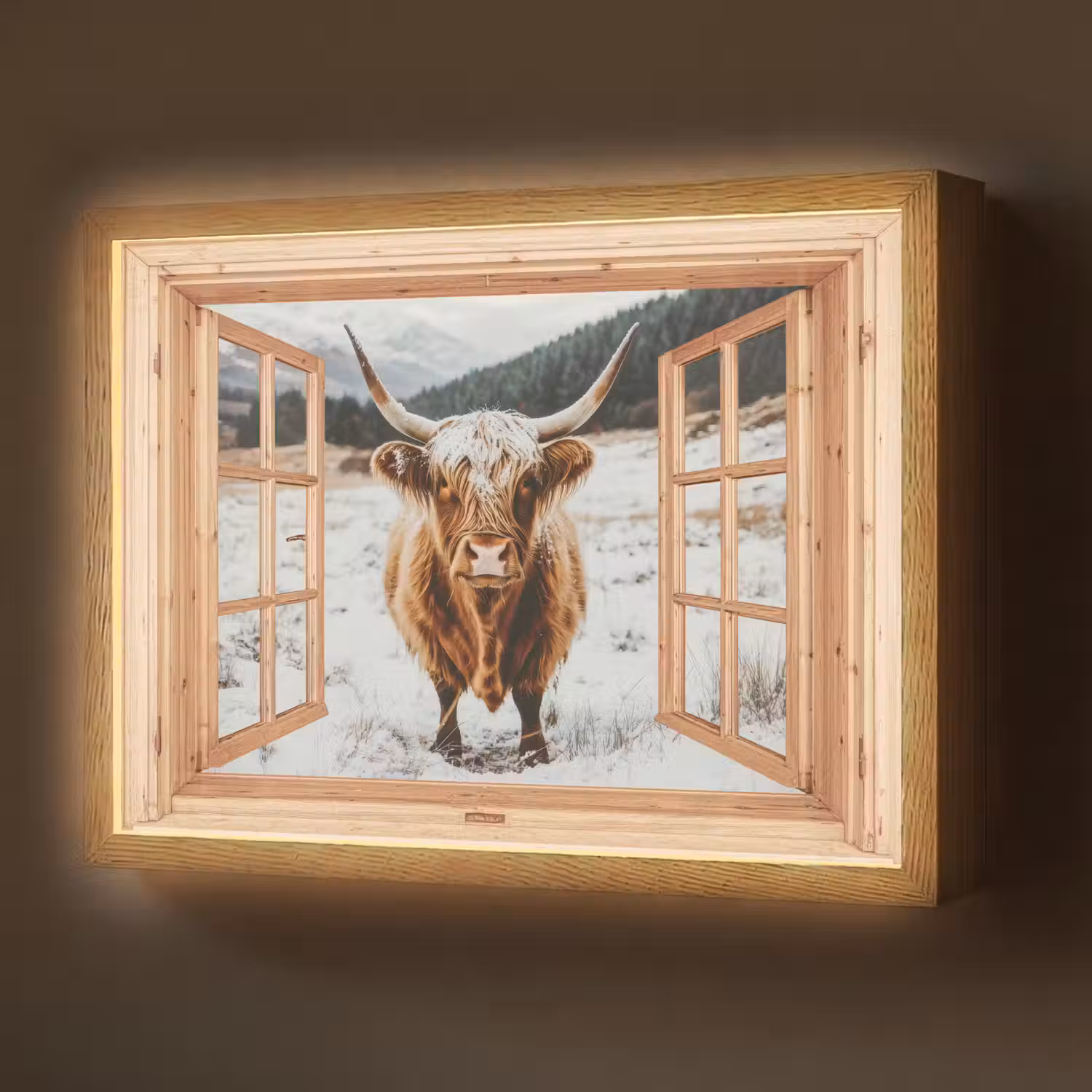 Schotse Hooglander - Landschap - Landelijk - Bergen - Winter - Doorkijk Light Box met batterij (Wandlamp) middel -z3d_website