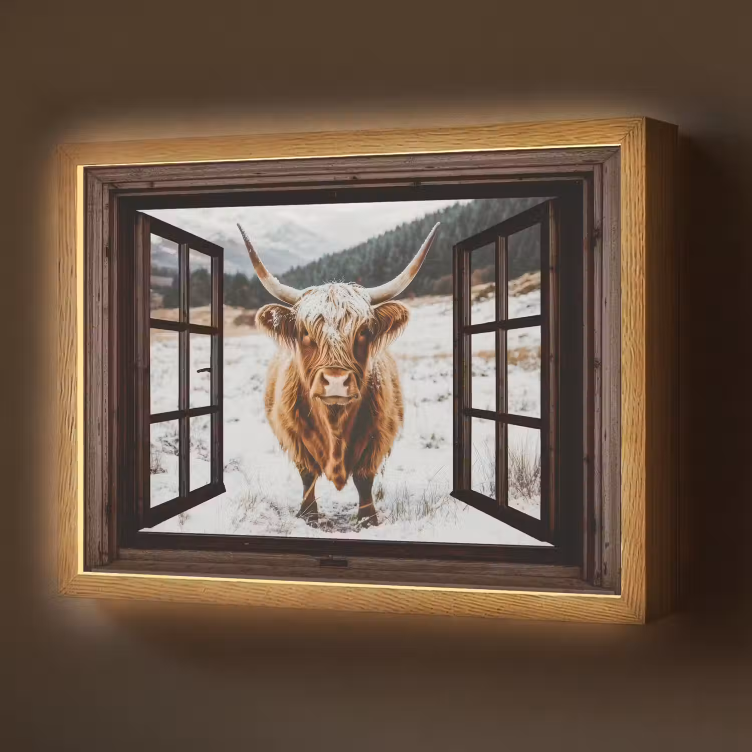 Schotse Hooglander - Landschap - Landelijk - Bergen - Winter - Doorkijk - Donker Light Box met batterij (Wandlamp) middel -z3d_website