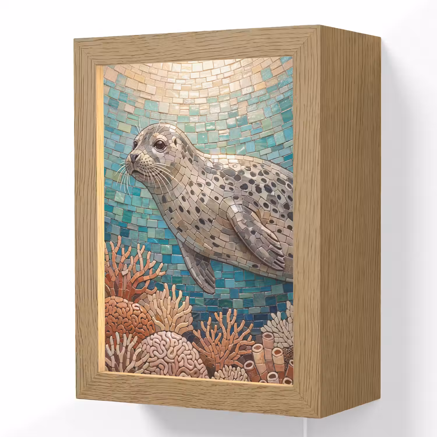 Zeehond - Mozaïek - Onderwater - Dieren - Blauw Light Box met kabel (Wandlamp) klein -3d