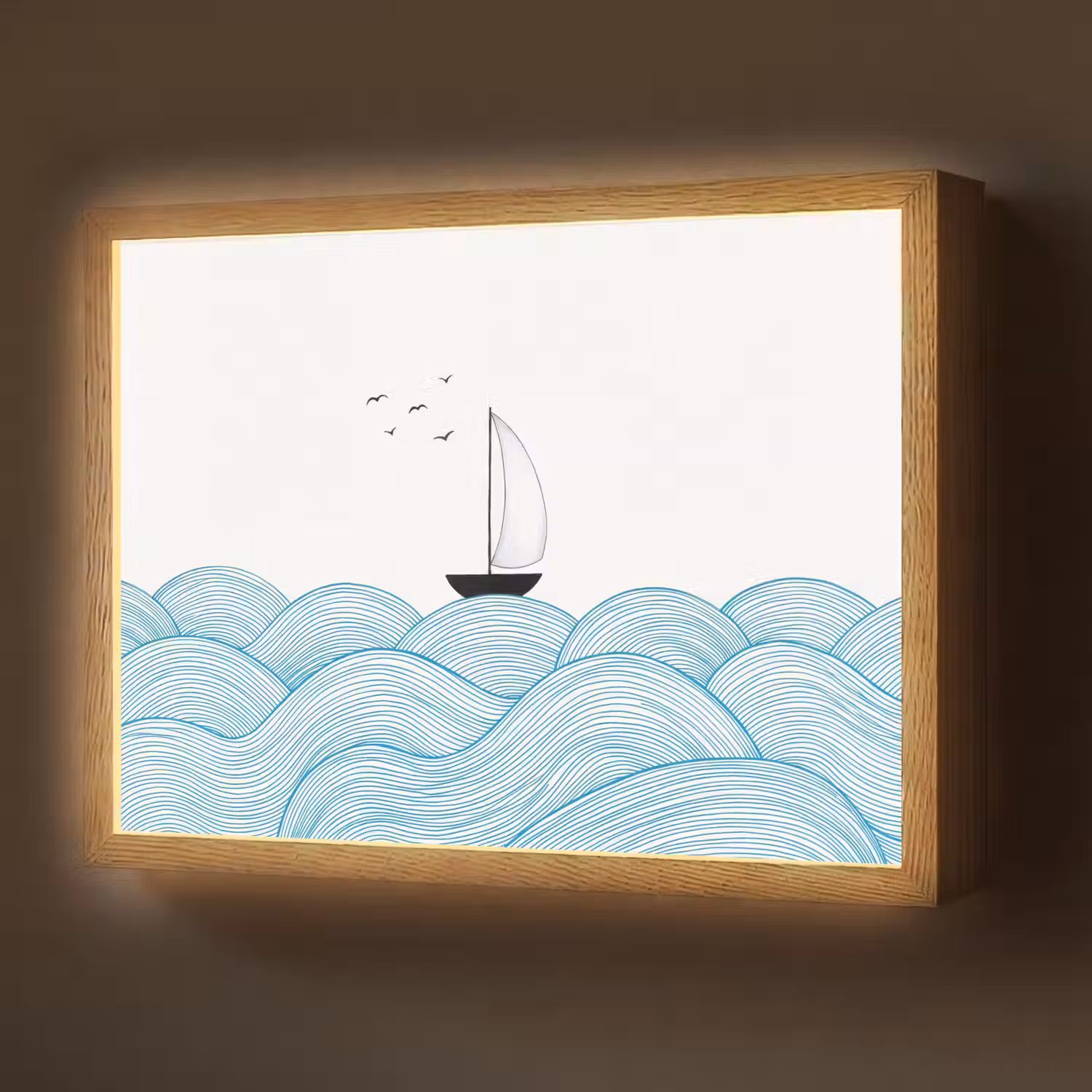 Zeilboot - Golven - Zee - Illustratie - Blauw Light Box met batterij (Wandlamp) middel -z3d_website