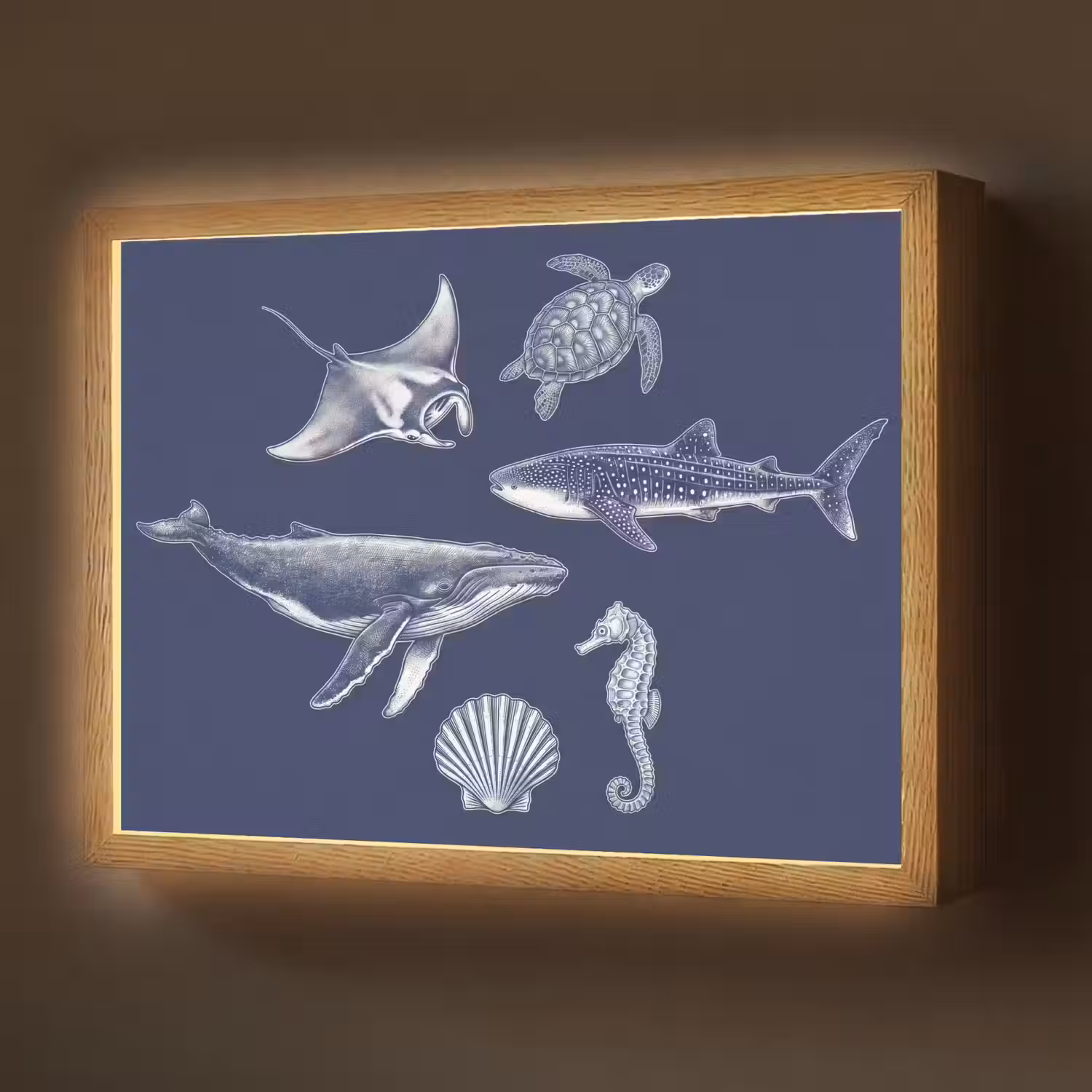 Dieren - Zeeleven - Oceaan - Graveren - Blauw Light Box met batterij (Wandlamp) middel -z3d_website