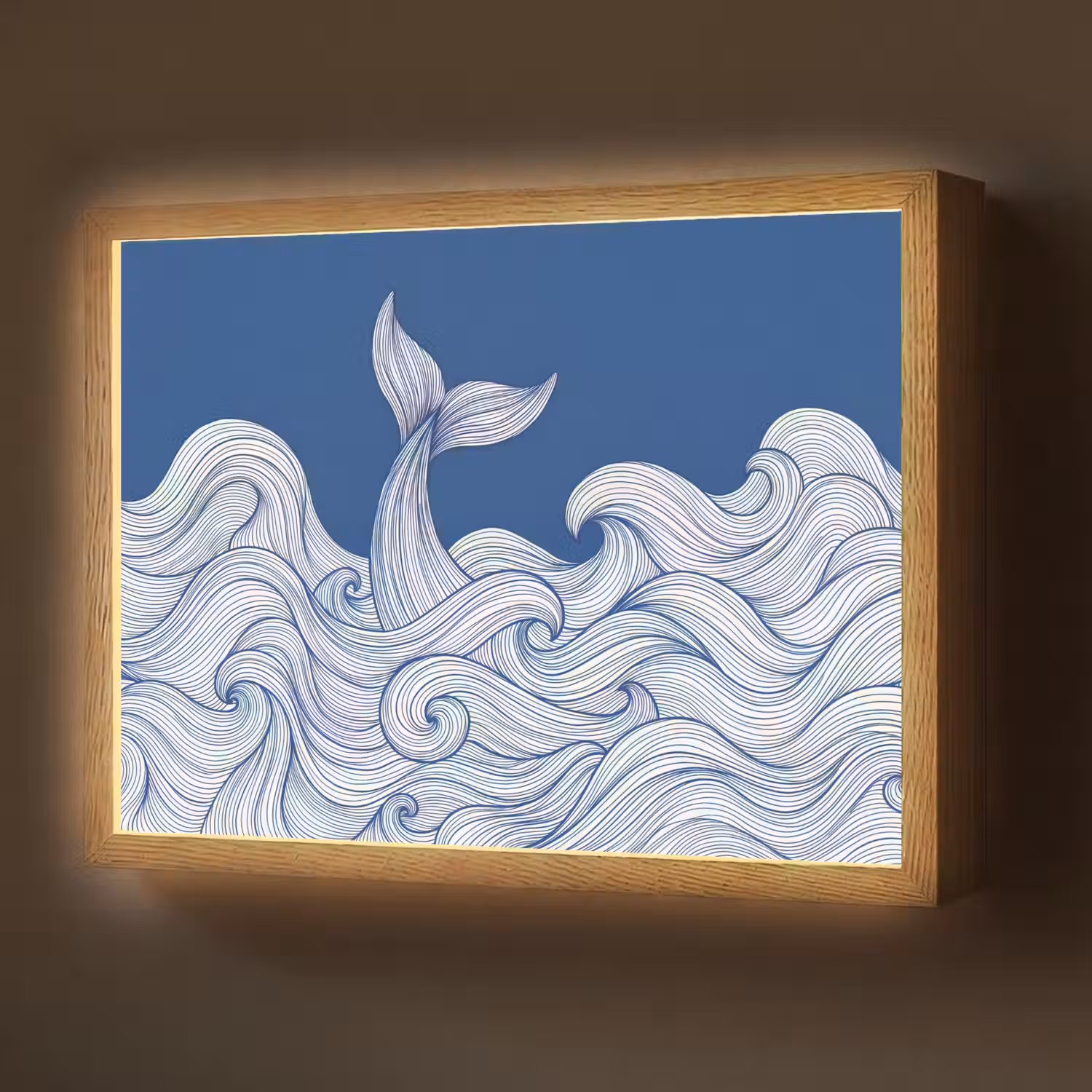 Walvis - Staart - Golven - Lijntekening - Blauw Light Box met batterij (Wandlamp) middel -z3d_website