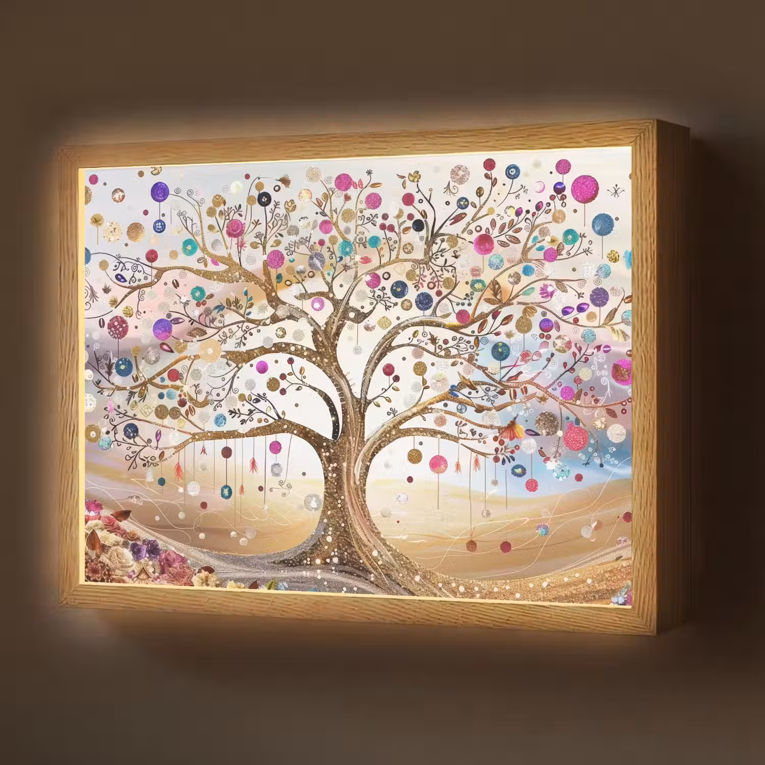 Levensboom - Goud - Kleurrijk - Abstract - Aesthetic Light Box met batterij (Wandlamp) middel -z3d_website