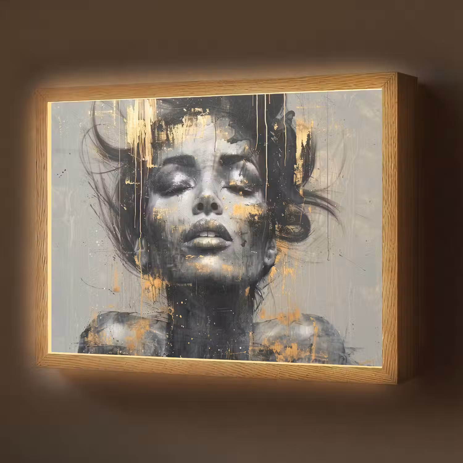 Vrouw - Kunst - Goud - Abstract - Glamour Light Box met batterij (Wandlamp) middel -z3d_website