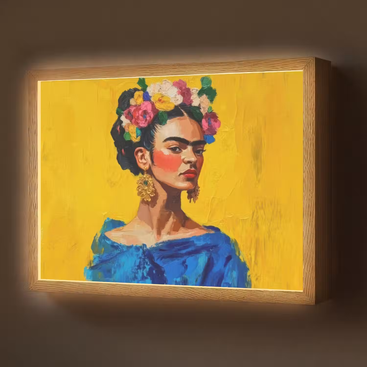 Frida Kahlo - Vrouw - Geel - Blauw - Bloemen Light Box met batterij (Wandlamp) middel -z3d_website