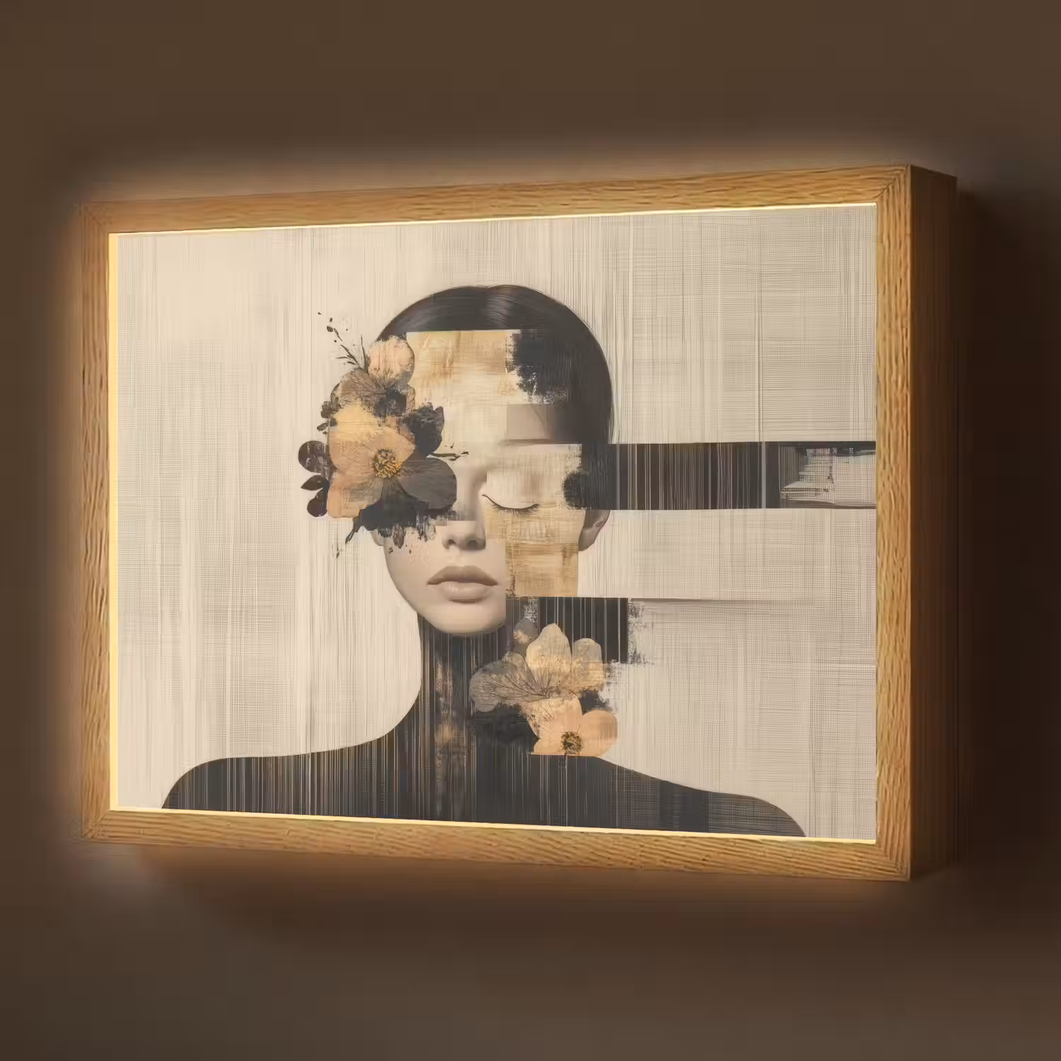 Gezicht - Bloemen - Zwart - Vrouw Light Box met batterij (Wandlamp) middel -z3d_website