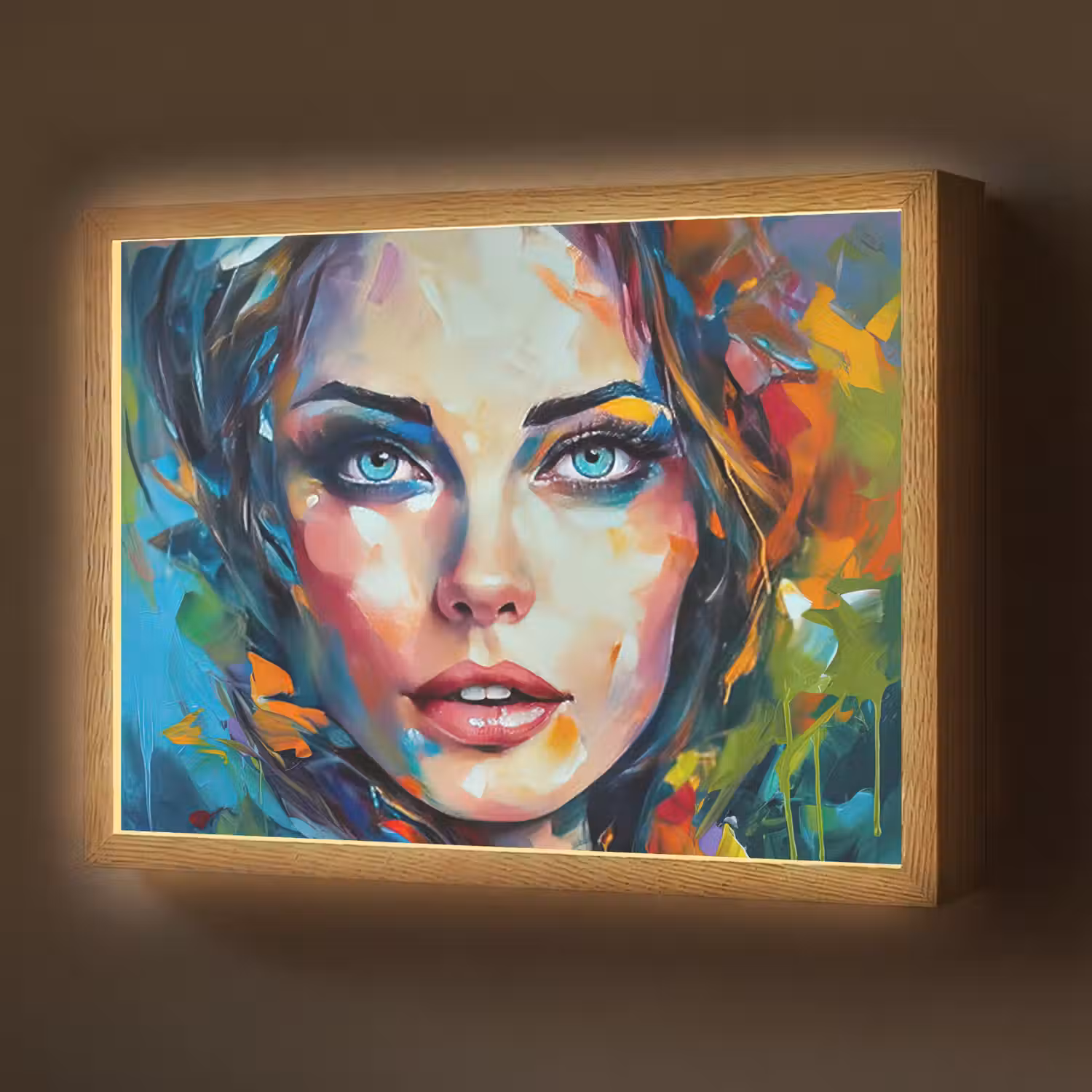 Gezicht - Vrouw - Olieverf - Kleurrijk - Kunst Light Box met batterij (Wandlamp) middel -z3d_website