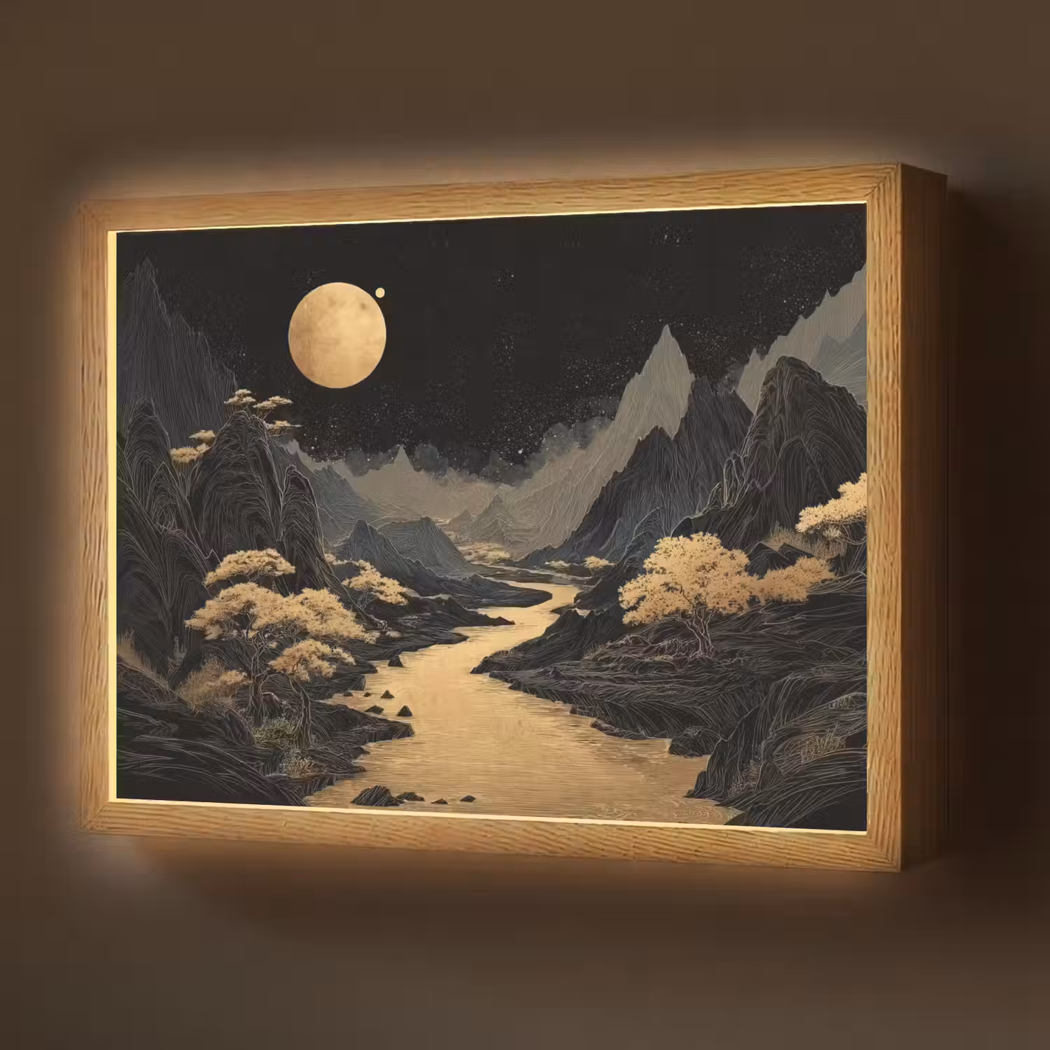Gouden rivier - Bergen - Maan - Sterrenhemel Light Box met batterij (Wandlamp) middel -z3d_website