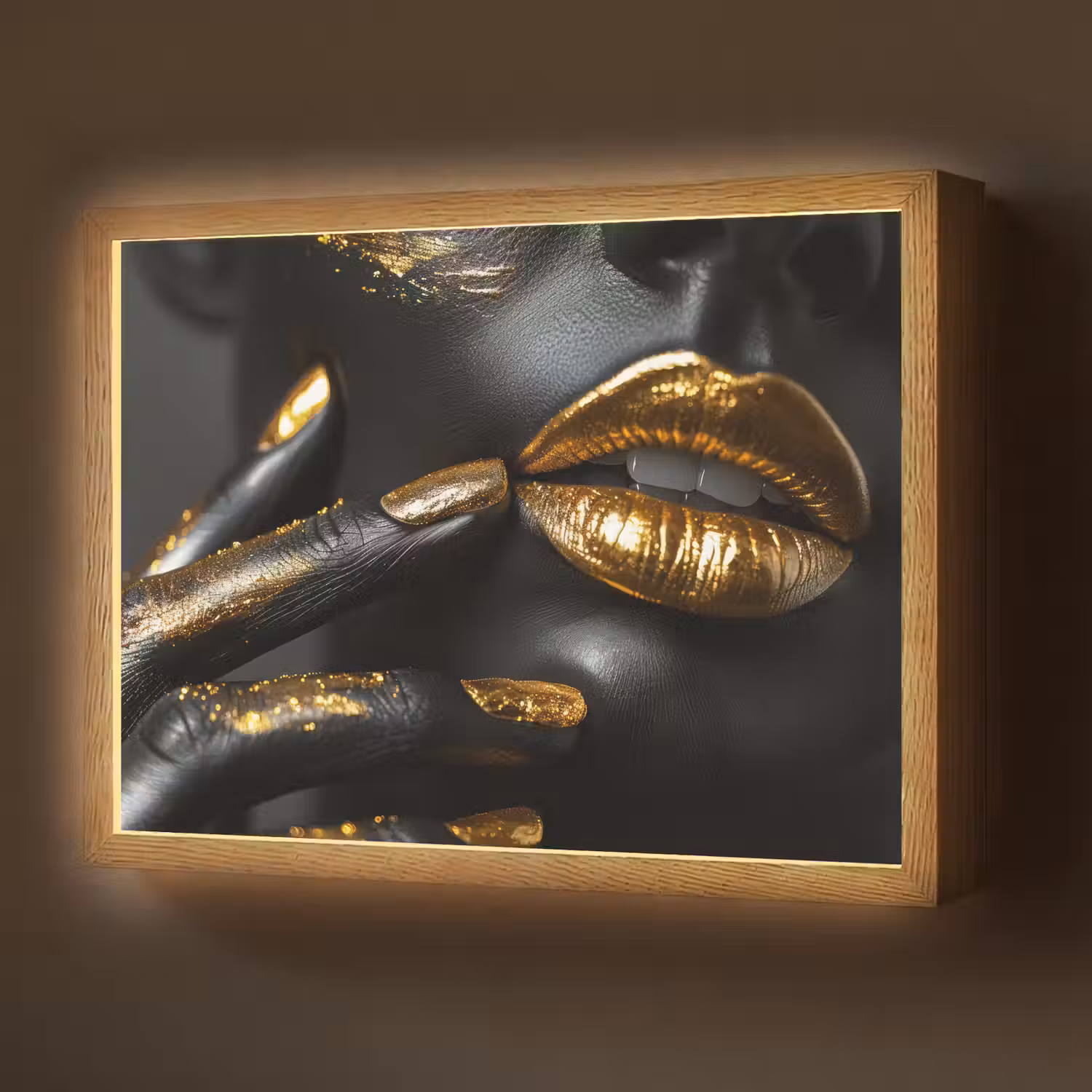 Lippen - Goud - Abstract - Zwart - Vrouw Light Box met batterij (Wandlamp) middel -z3d_website