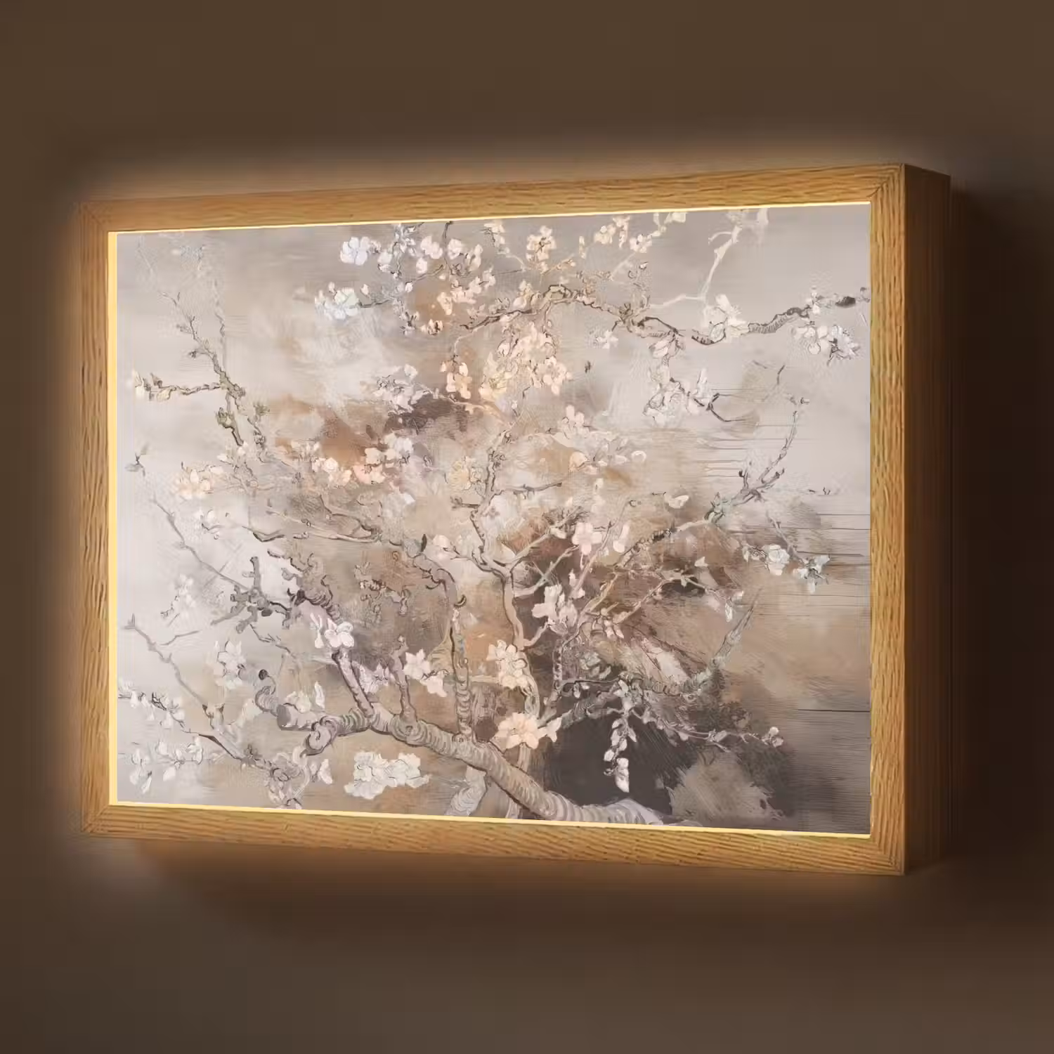 Amandelbloesem - Kunst - Van Gogh - Beige - Abstract Light Box met batterij (Wandlamp) middel -z3d_website