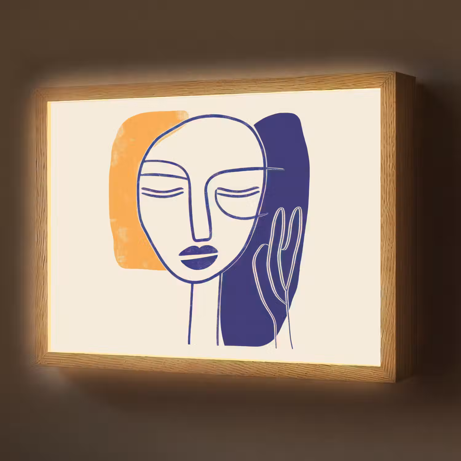 Minimalistisch - Gezicht - Hand - Oranje - Blauw Light Box met batterij (Wandlamp) middel -z3d_website