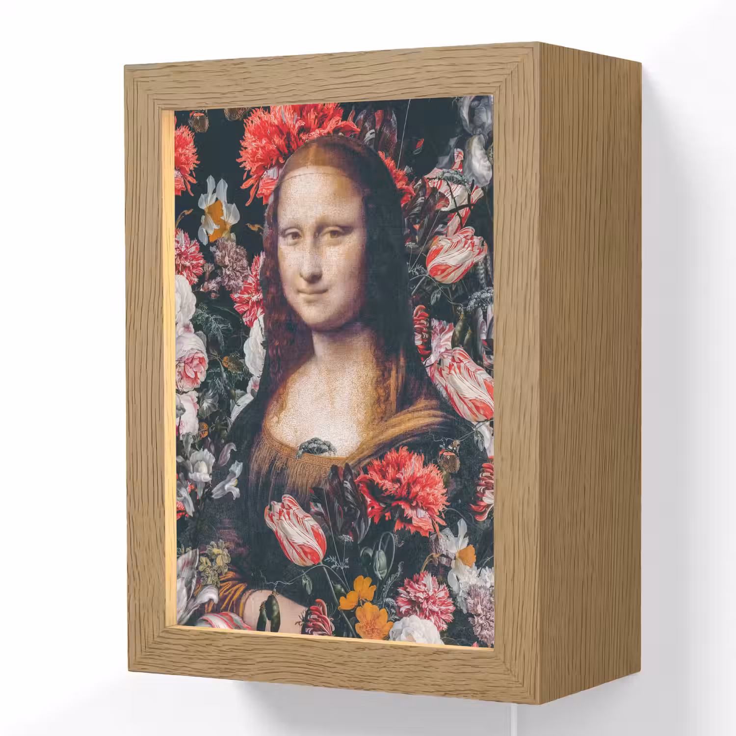 Mona Lisa - Leonardo da Vinci - Bloemen - Roze Light Box met kabel (Wandlamp) klein -3d