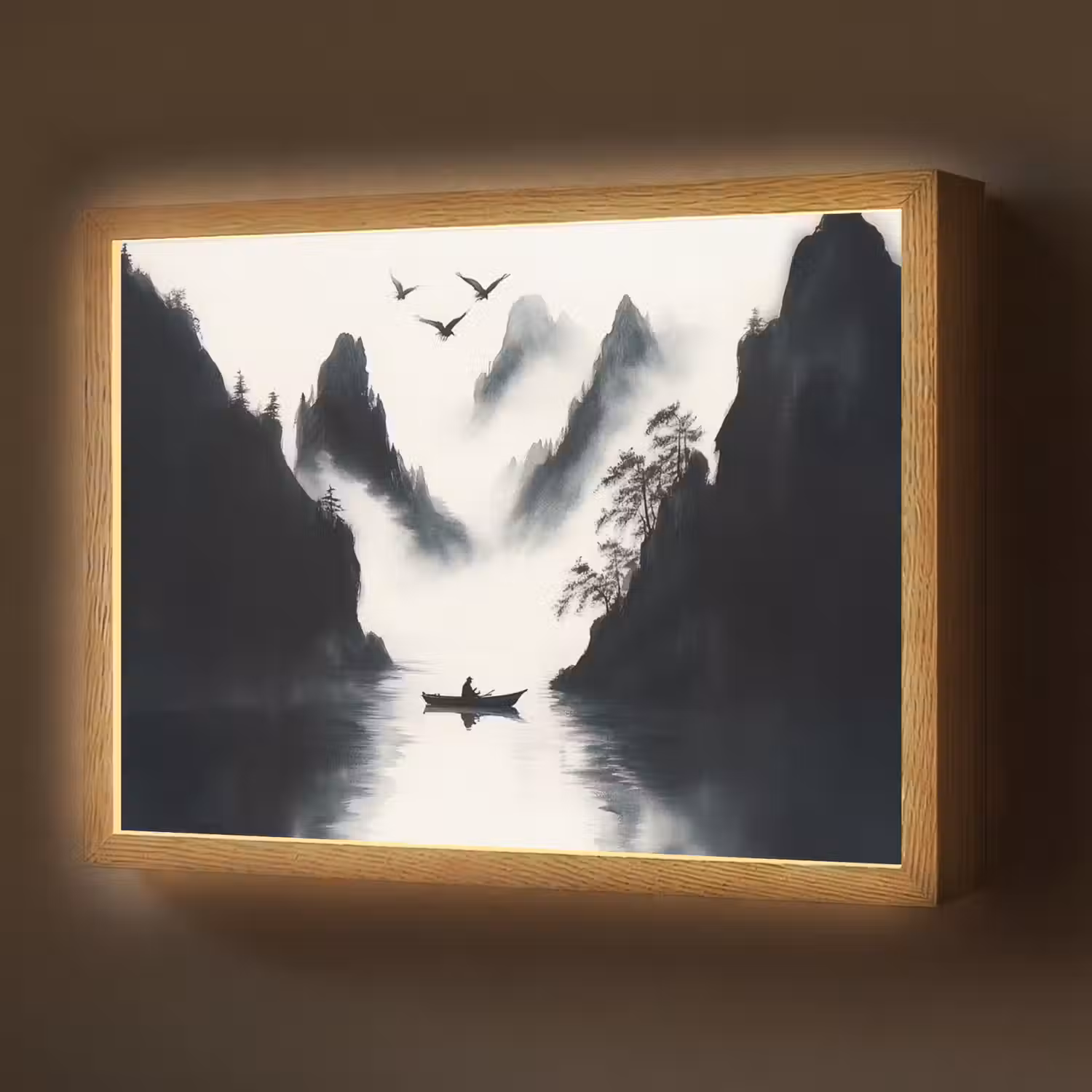 Roeiboot - Mistig - Bergen - Vogels Light Box met batterij (Wandlamp) middel -z3d_website