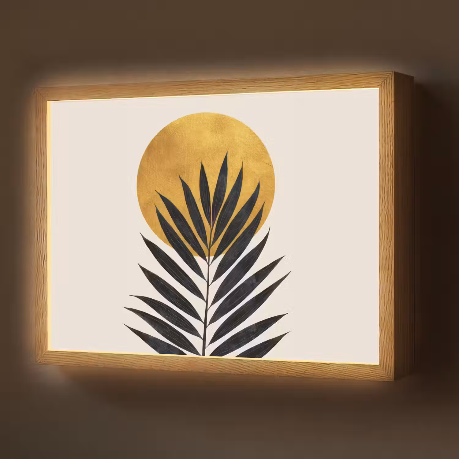 Zwart palmblad - Gouden cirkel - Beige achtergrond Light Box met batterij (Wandlamp) middel -z3d_website