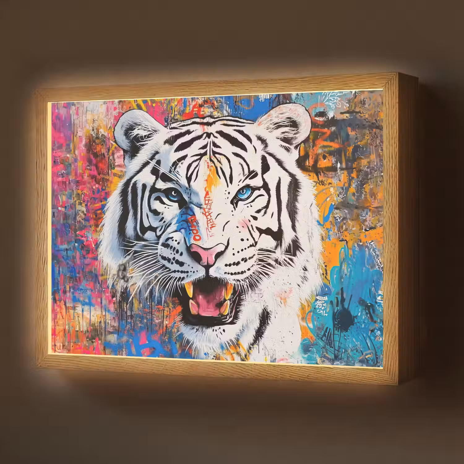 Street art - Tijger - Wit - Graffiti - Dieren Light Box met batterij (Wandlamp) middel -z3d_website