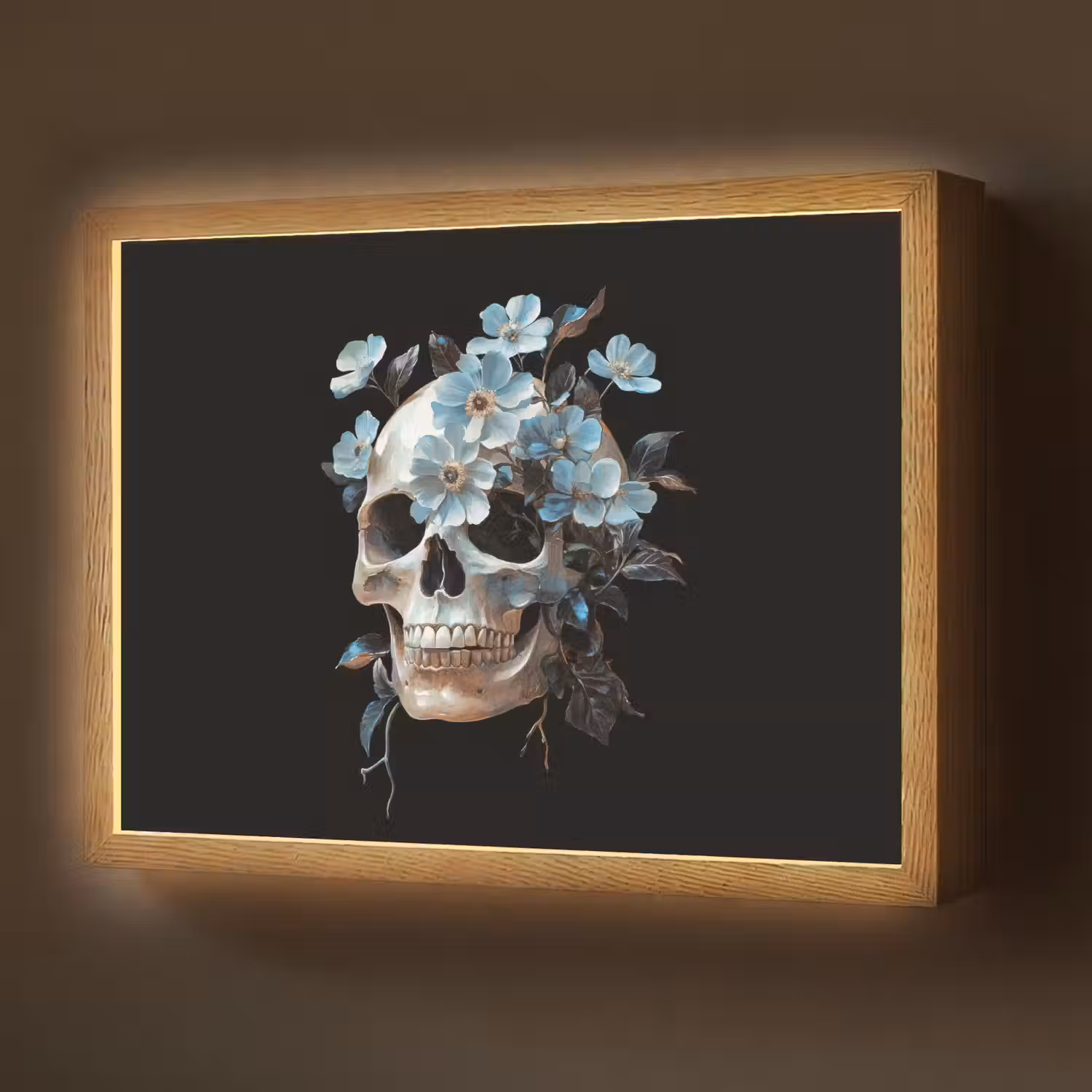Schedel - Blauw - Bloemen - Bladeren Light Box met batterij (Wandlamp) middel -z3d_website
