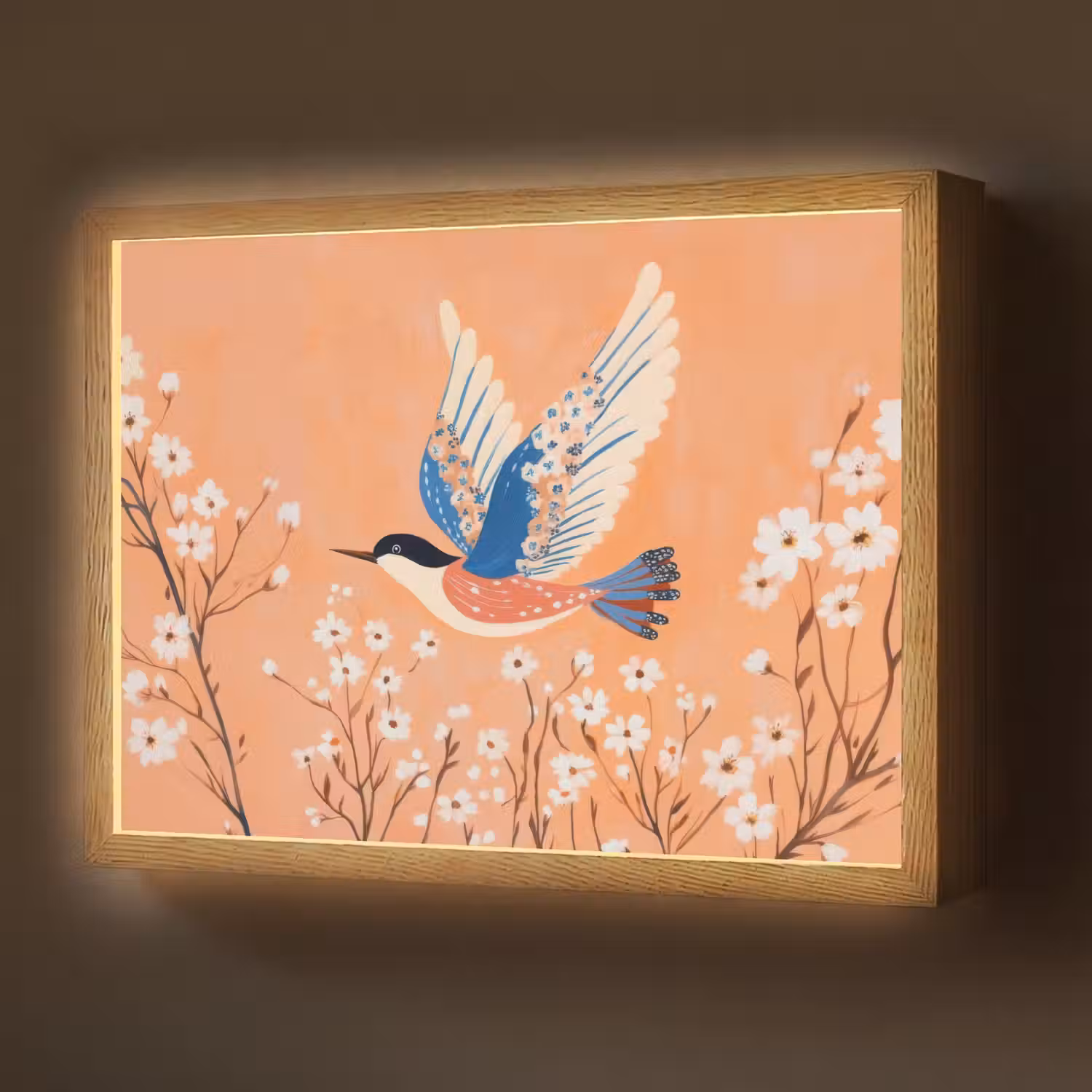 Vogel - Bloesemtakken - Warm - Kleurrijk Light Box met batterij (Wandlamp) middel -z3d_website