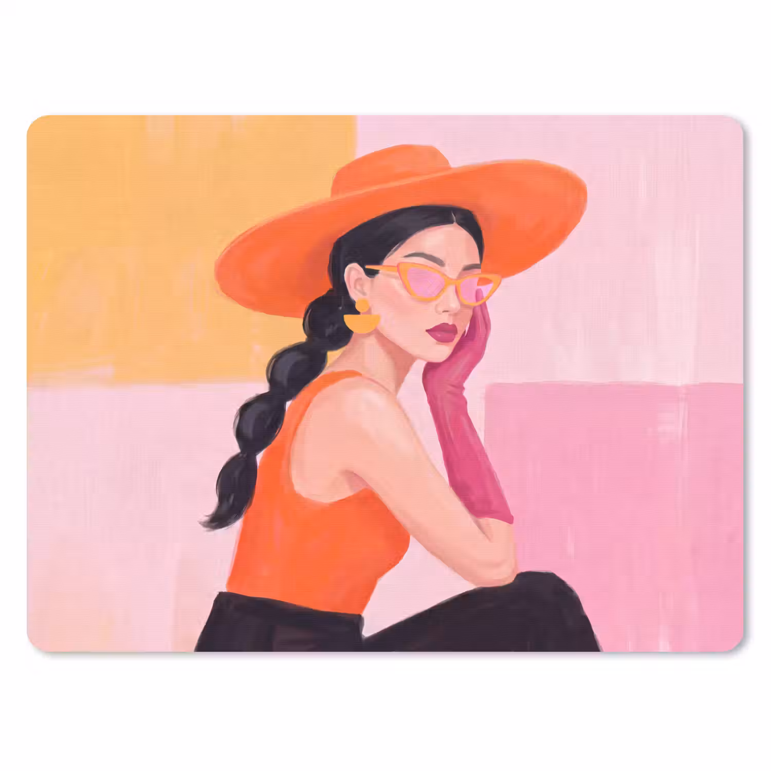 Vrouw - Hoed - Mode - Modern - Oranje muismat rubber klein -3d